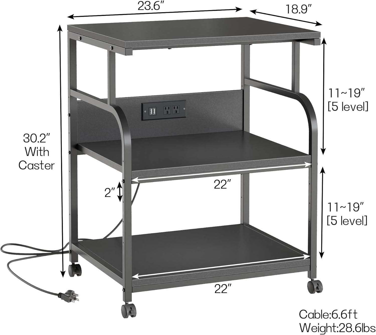 VECELO Large Printer Stand with Power Outlet, 3-Tier Rolling Cart with Adjustable Shelf & Lockable Wheels, Heavy Duty Utility Table for Home Office, 18.9"x23.6"x30.2", Black