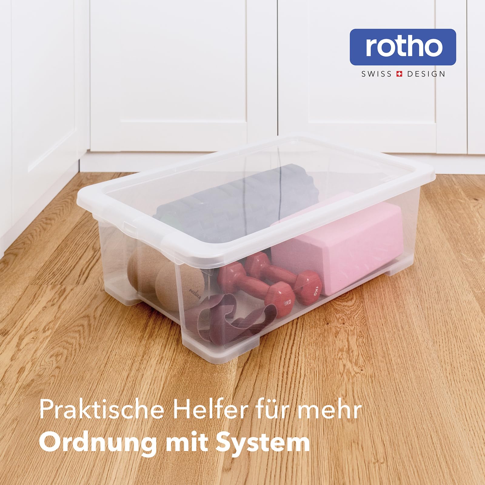 Rotho Core Basic - Set di 4 contenitori con coperchio, 30 l, trasparenti | Scatole impilabili con coperchio, richiudibili, stabili, salvaspazio, facili da pulire, trasparenti