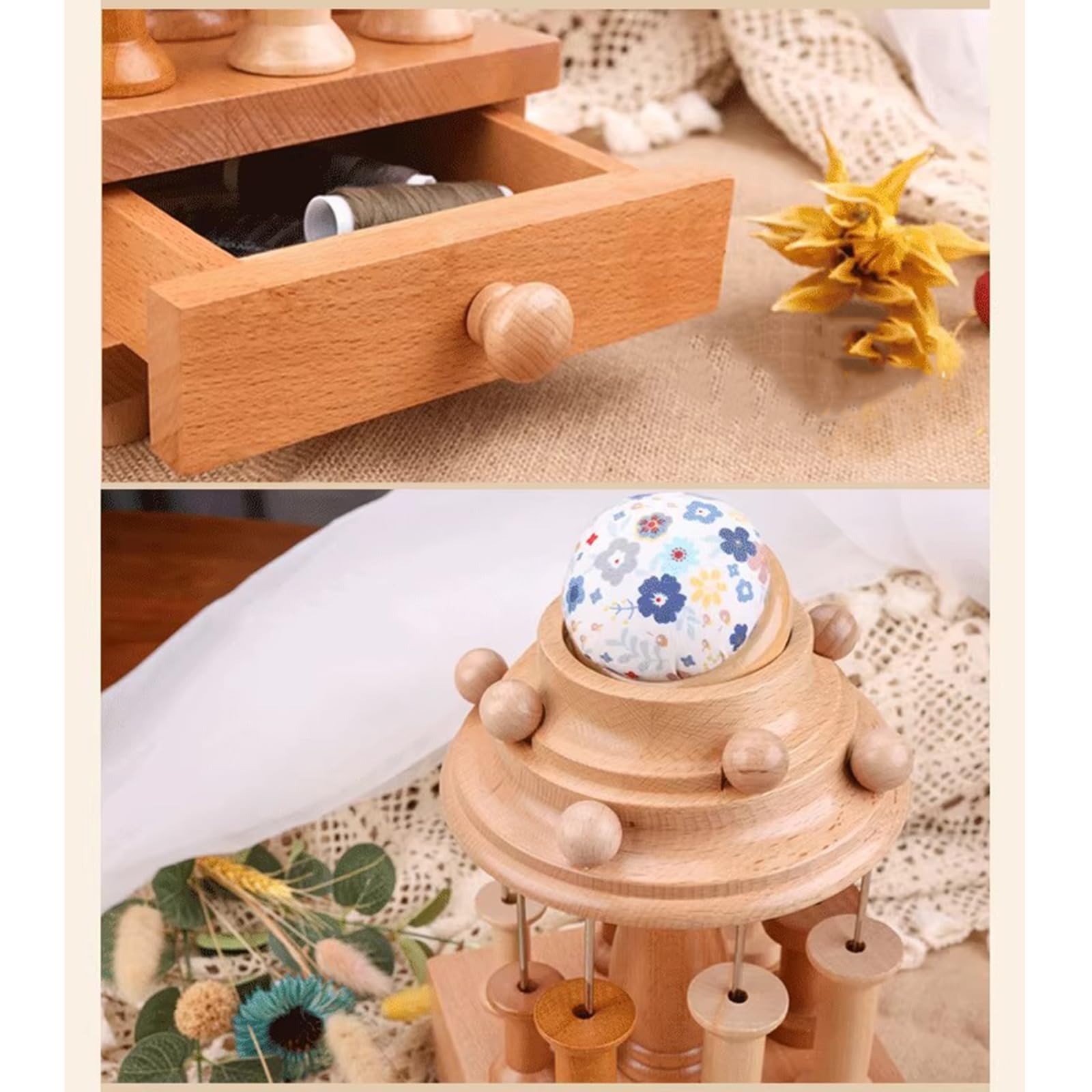 Wooden Sewing Organizer, Solid Wood Needlework Box, Seamstress Sewing Basket, with Drawer, 8 Spool Holders, Top Storage Compartment, for Sewing Supplies, Hobby Craft Tools, Needles Assorted