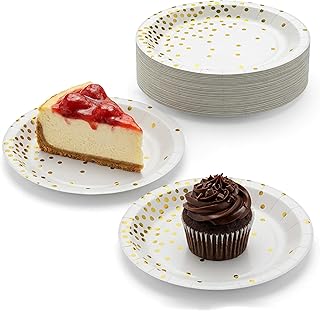7" White & Gold Polka Dot Small Paper Party Dessert Plates 40ct | Gold foil polka dot design | Disposable white paper party dessert plates | Graduation retirement bridal shower | Men women