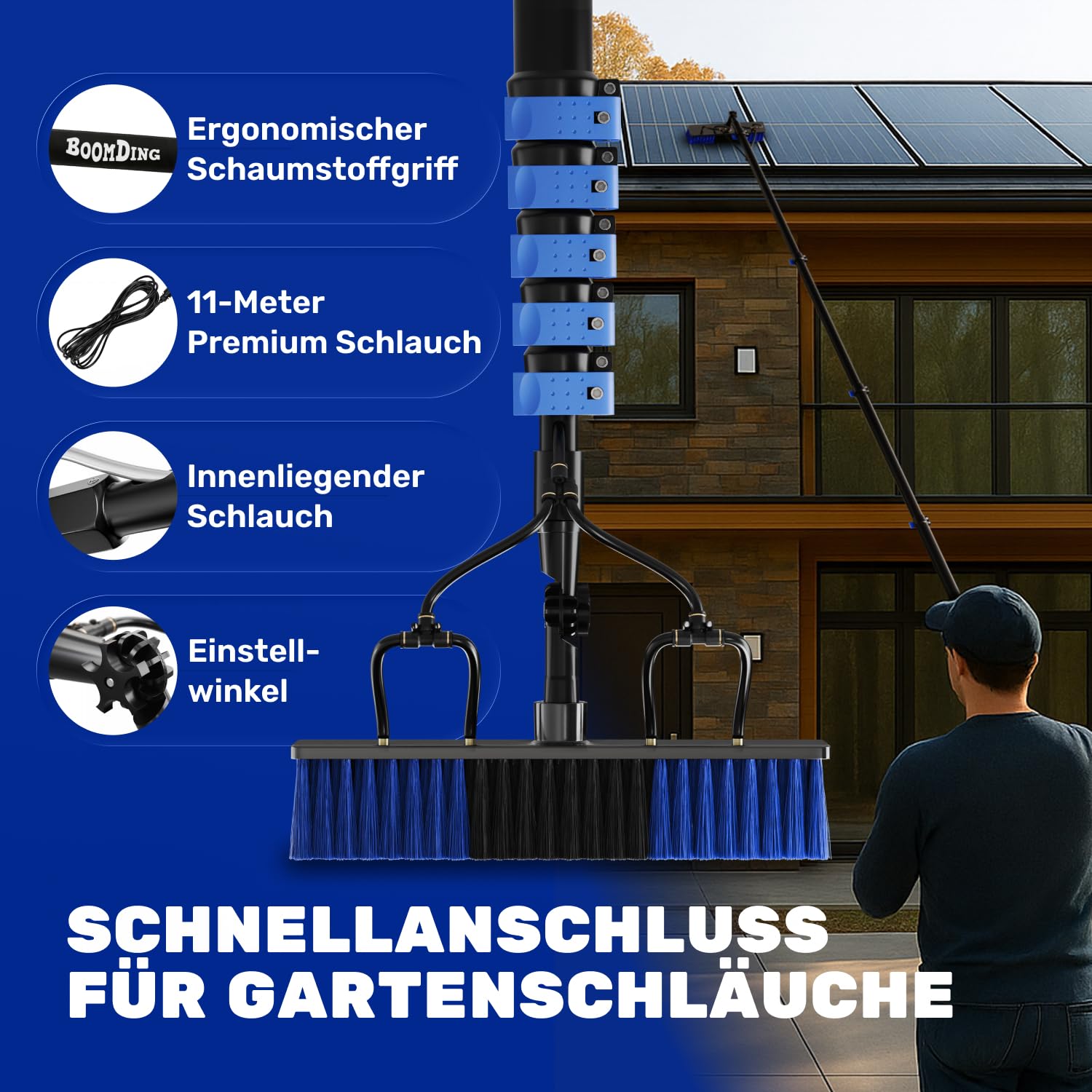 BoomDing Teleskop Waschbürste mit Photovoltaik Schneeschieber – 5,8 m – All-in-One Reinigungsset mit 5 Aufsätzen für PV Anlage, Wintergarten, Dachrinne & Terrassendach – mit Seifenspender