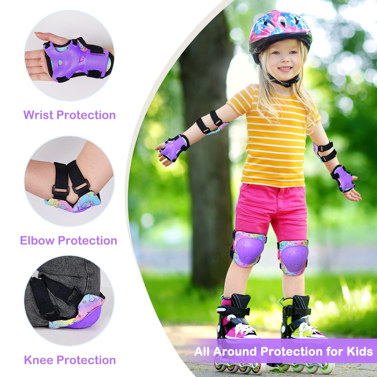 Unicorn Castle Protezione Kit per Bambini 3-8Anni, Protezioni Set per Bambini, Regolabile Ginocchiere Set di Gomitiere per Sci Skateboard Pattinaggio Monopattino Sport Estermi