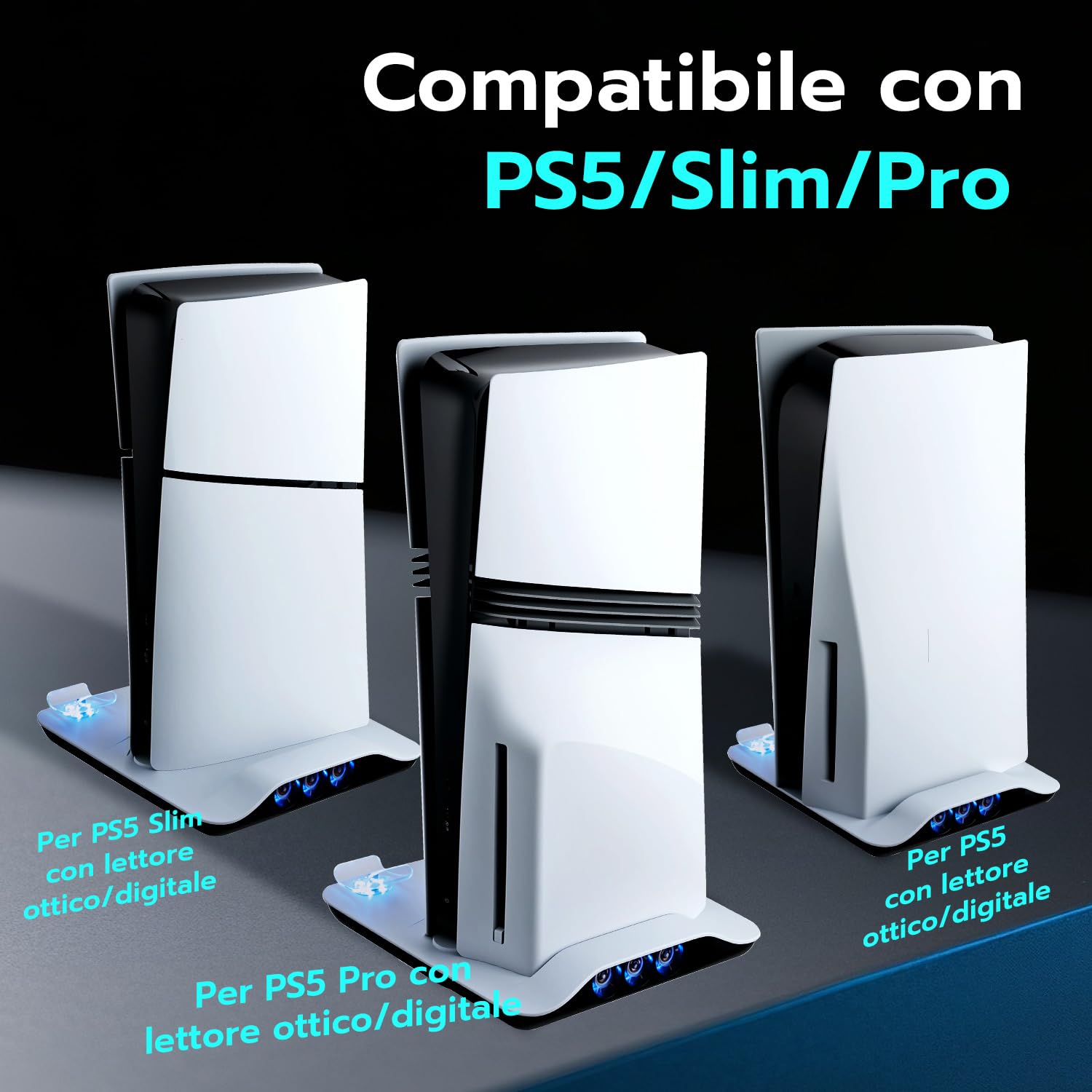 Supporto per PS5/Slim/Pro con Ventola di Raffreddamento, Base Stazione Ricarica Joystick PS5, PS5 Supporto Verticale Raffreddamento con 2 Carica USB &3 marcia Velocità del vento per PS5 Gadget