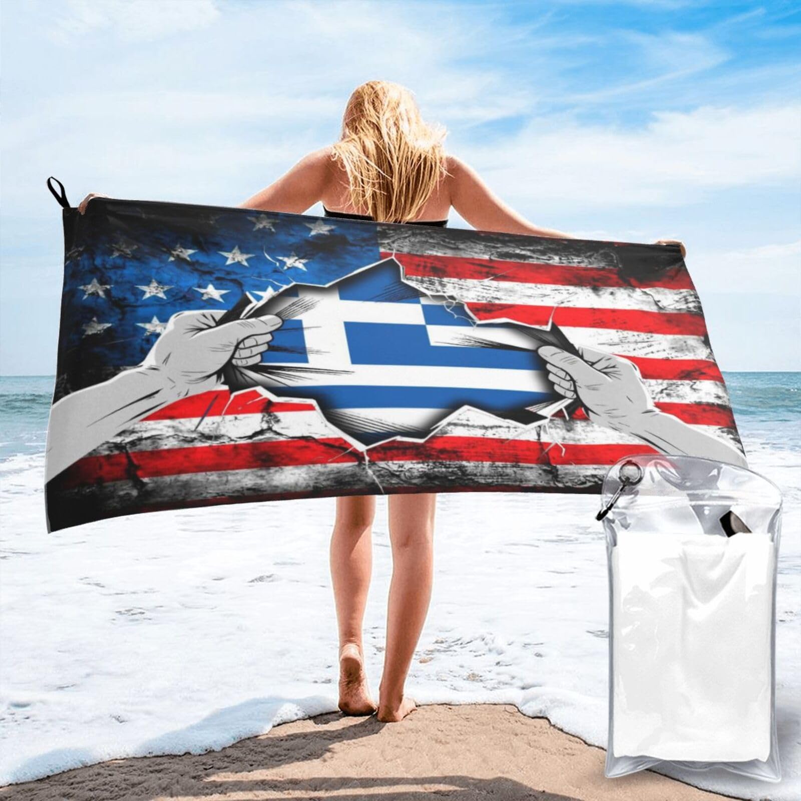 HACXZ American and Greece Greek Flag Vintage Beach Towel Lightweight Absorbent Beach Towel Microfiber 31.5"X63"
