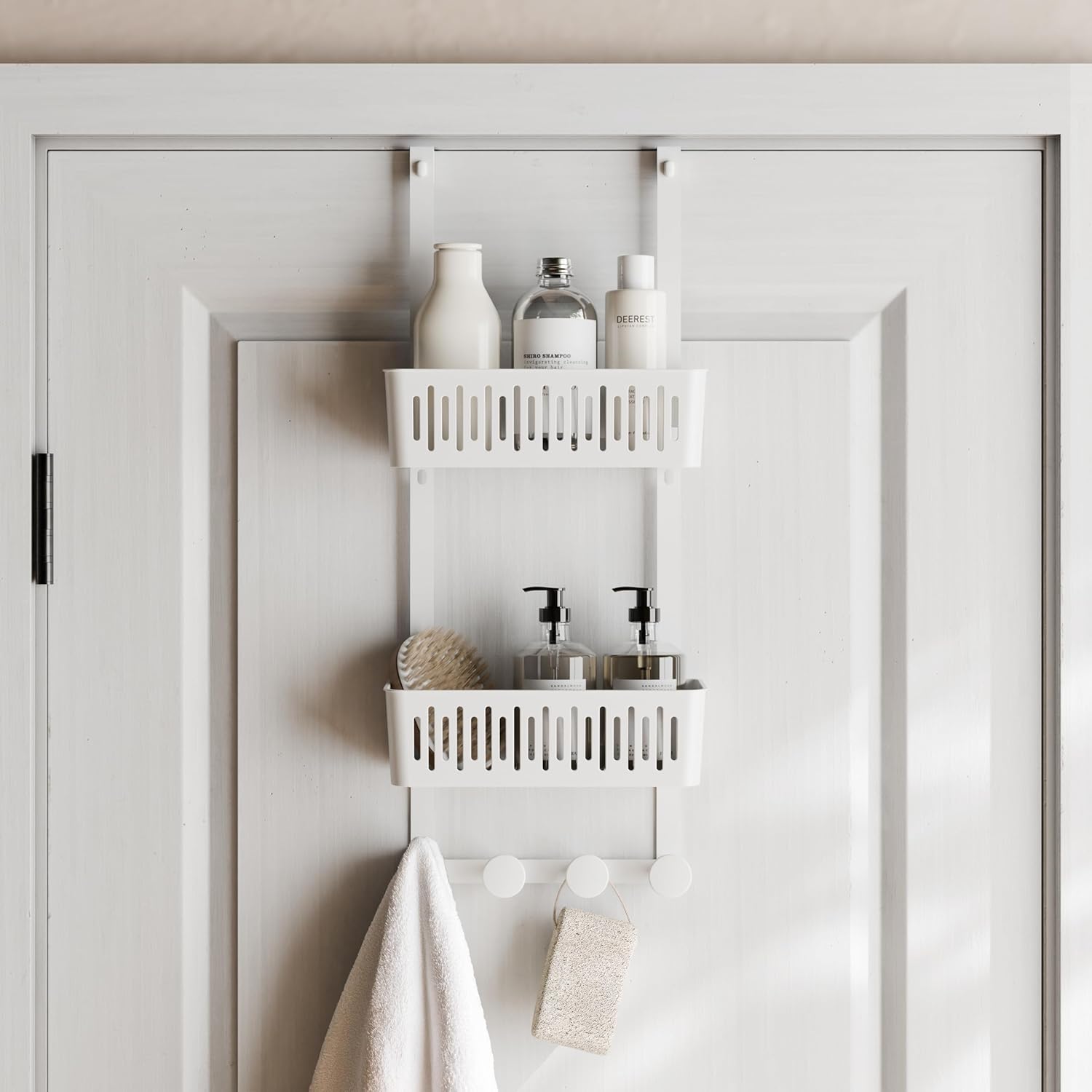 Zenna Home SnugFit Over the Door Caddy Organizer with 2 Storage Baskets and 4 Hooks, Over Door Hanging Organizer for Bathroom, Kitchen, Bedroom, Closet, Easy to Install, No Drilling, White