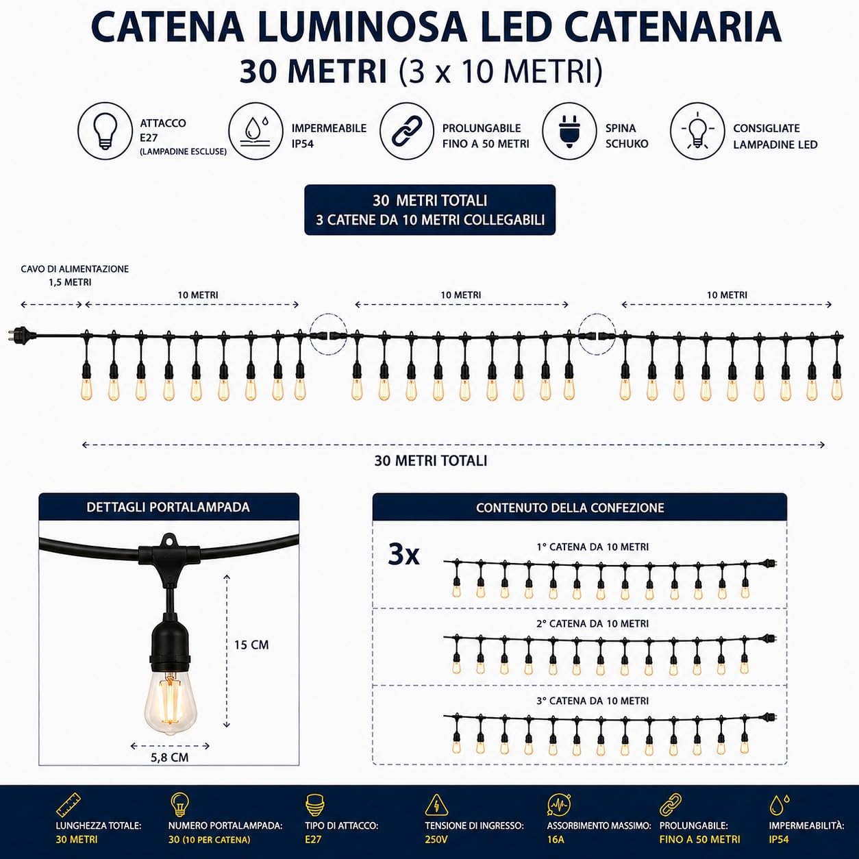 Catenaria Luci da Esterno E27 Collegabile per Giardino, Terrazzo Pergola 50mt Catena Luminosa Professionale IP54 con Portalampade Distanziati 1 Metro, Spina Schuko, Senza Lampadine (5000, Centimetri)