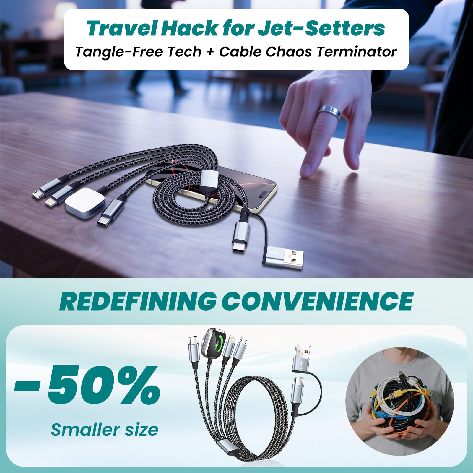 Travel Essentials 4-in-2-Multi-Ladekabel für Uhren-Ladegerät, USB-A/USB-C-Ladekabel/Kabel für alle Geräte, kompatibel mit Watch Ultra/SE/10–1, iPhone 17–11, Android und mehr