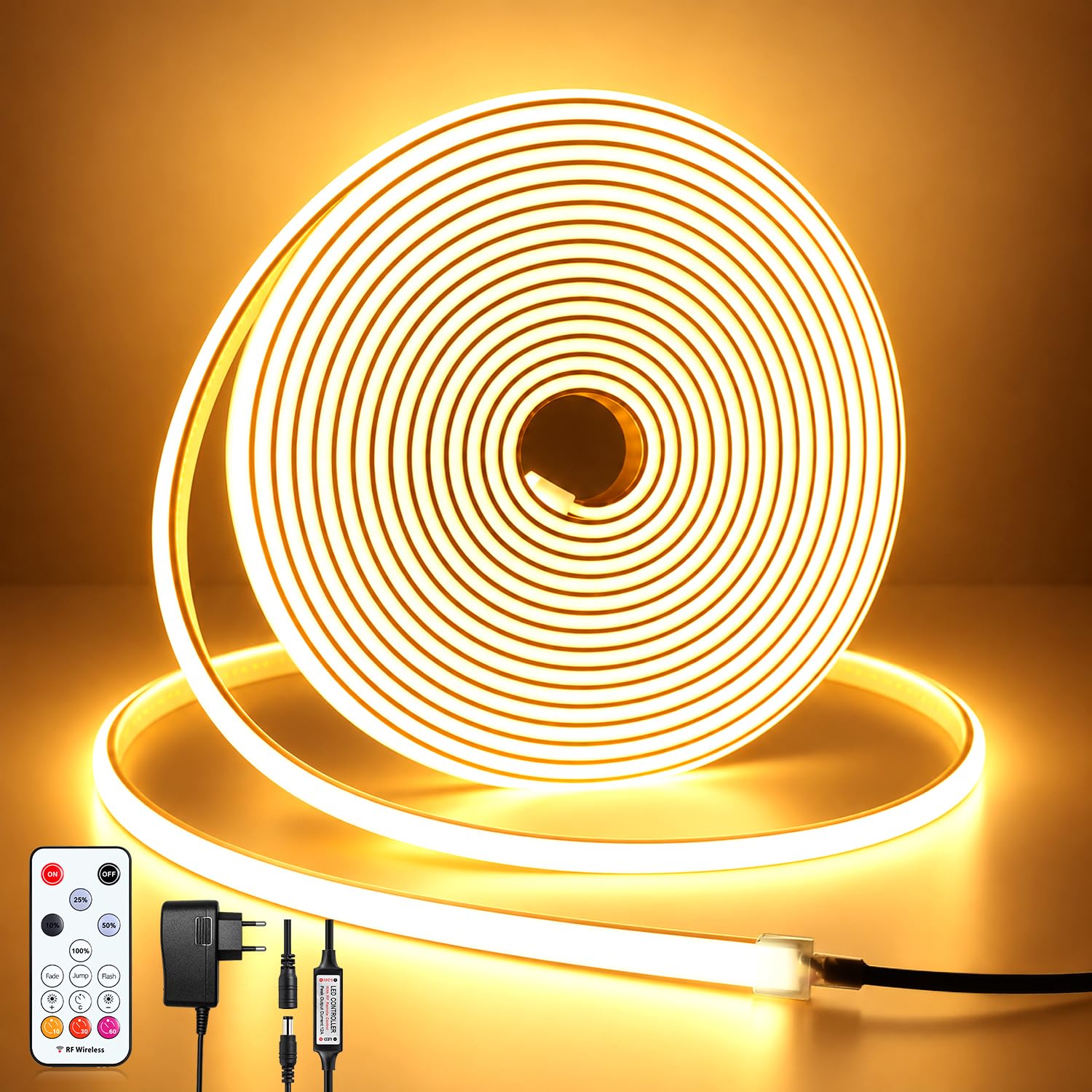Striscia LED COB da 6 m, IP67, 3000 K, bianco caldo, dimmerabile, 24 V