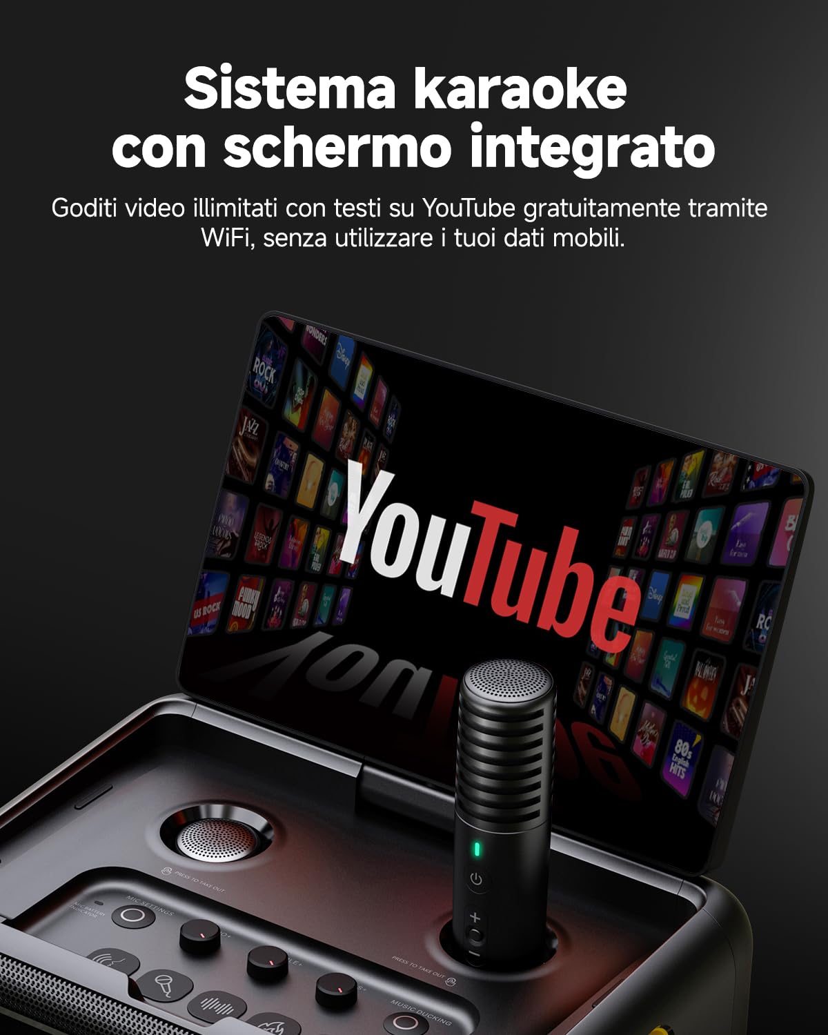 Macchina per karaoke per adulti con display testi, schermo 13,3 pollici, karaoke tutto in uno 2 microfoni wireless (nascosto autocarica), altoparlante