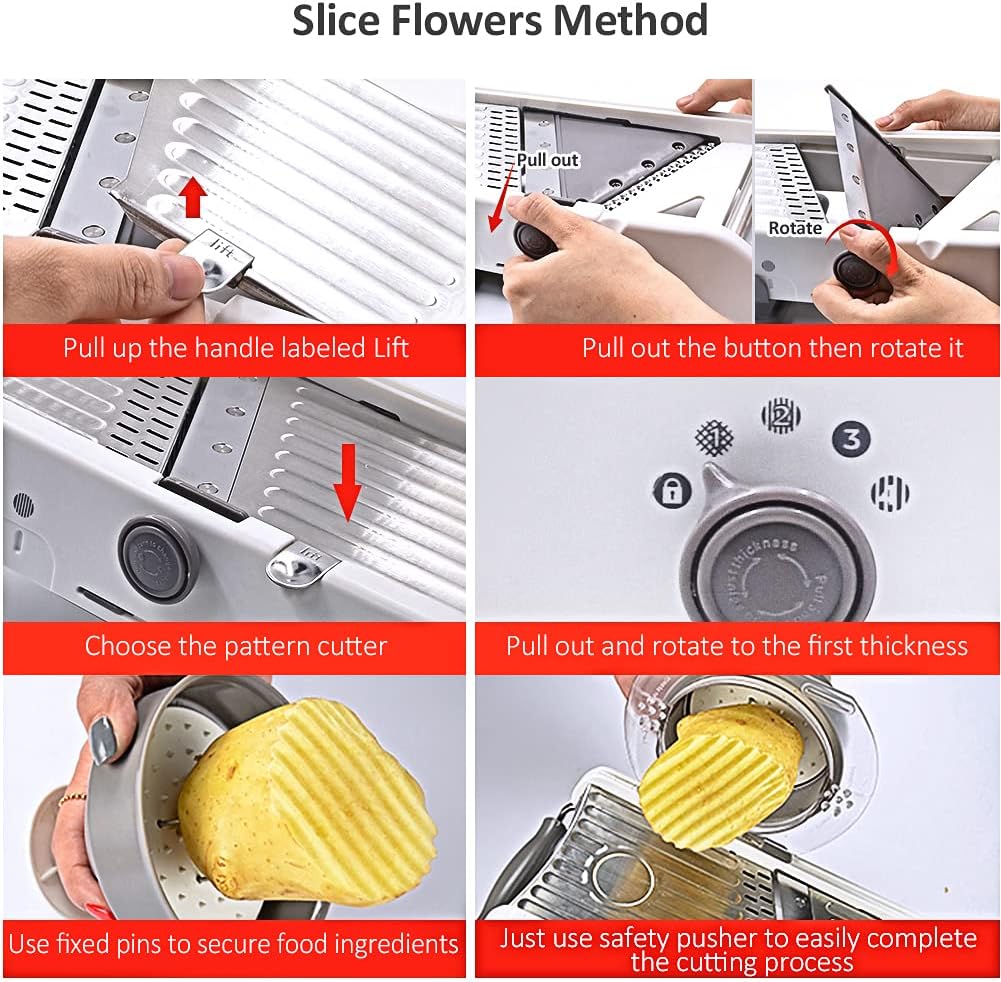 18-Type Adjustable Mandoline Slicer, Stainless Steel Manual Cutter, Vegetable Grater, Julienne Slicer, Fruit Waffle Kitchen Potato Cutter, White
