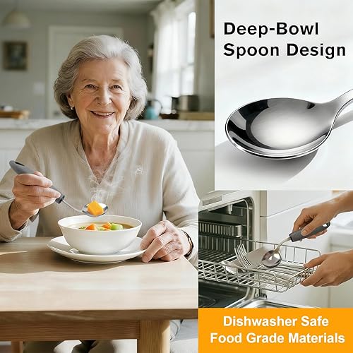 Miniatura 6 de Haiou Juego de cubiertos adaptativos de 4 piezas, utensilios en ángulo de 42 para pacientes de Parkinson y ancianos con temblores de mano (gris para