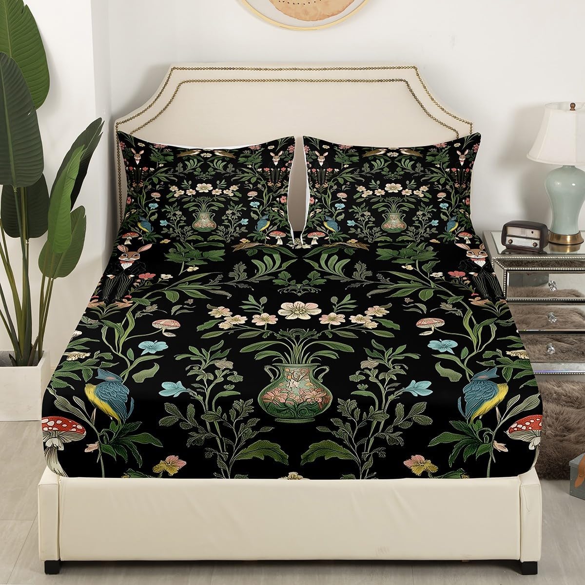 Erosebridal Gold Damask Victorian Fitted Sheet Antique Baroque Aesthetic Bed Sheets, Nature Animal Owl Deer Full Bedding Set for Bedroom, 1 Fitted Sheet 2 Pillowcases (No Flat Sheet)