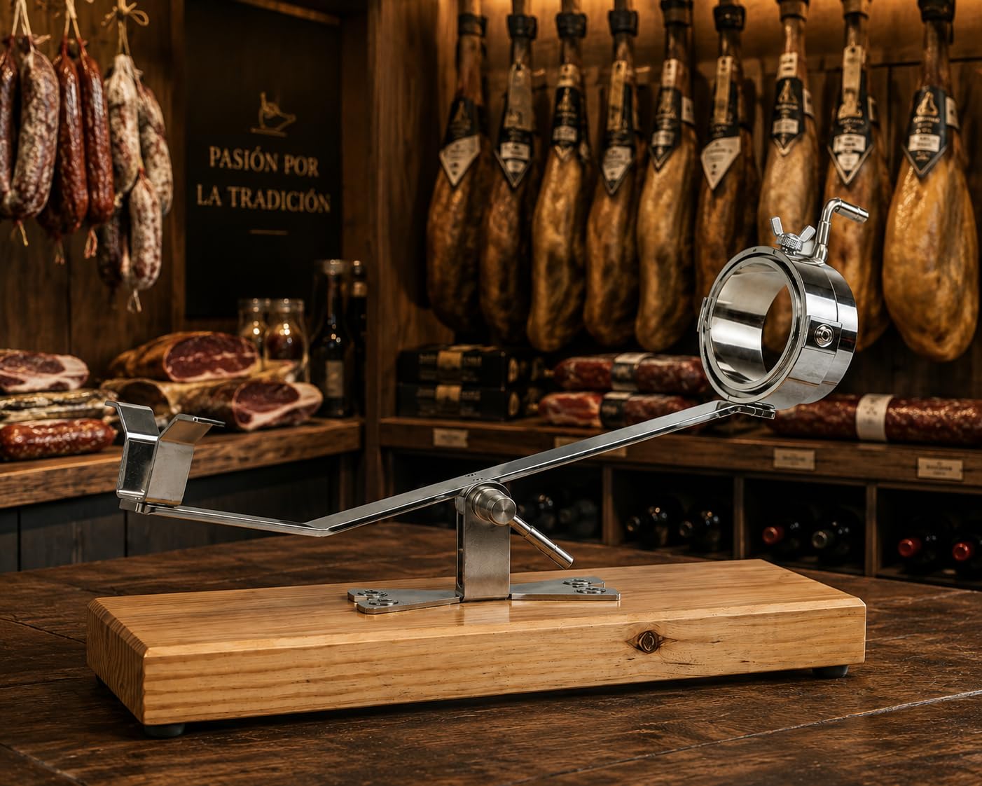 FERRETERIA LEPANTO Jamonero Giratorio basculante Giratorio, Soporte jamonero + Set de Corte con Cuchillo jamonero, chaira y Cubre Jamon: (Base Madera Nogal)