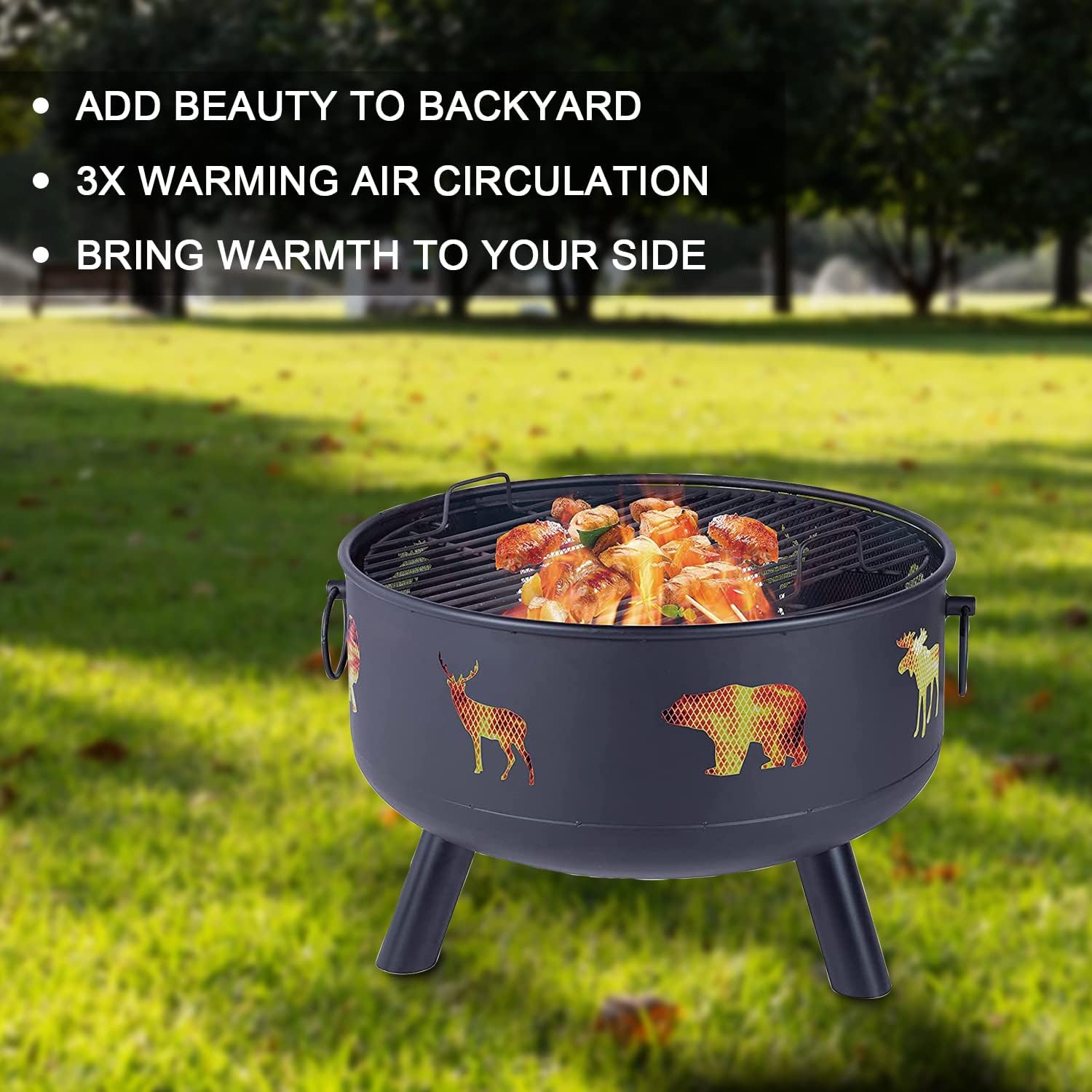 Outdoor Fire Pit Round 24" FirePit Metal Fire Bowl Fireplace Backyard Patio Garden BBQ Stove with Spark Screen and Safety Poker