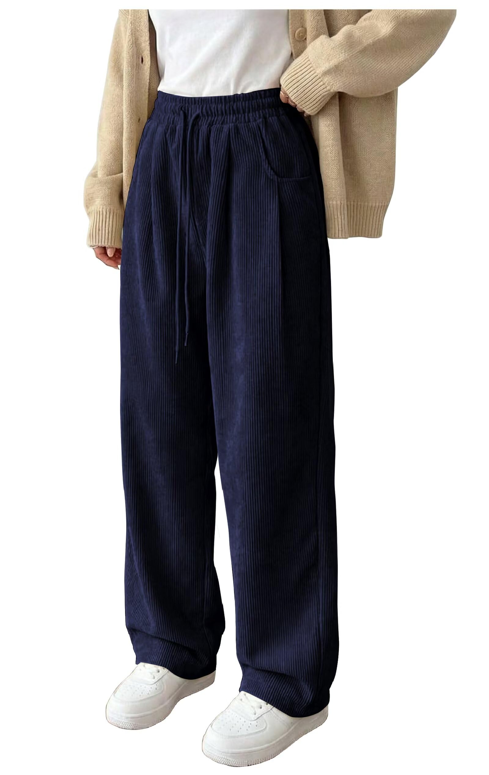 Corduroy Pants Women Wide Leg Womens Pants Dressy Casual Drawstring Elastic High Waisted Winter Trousers with Pockets