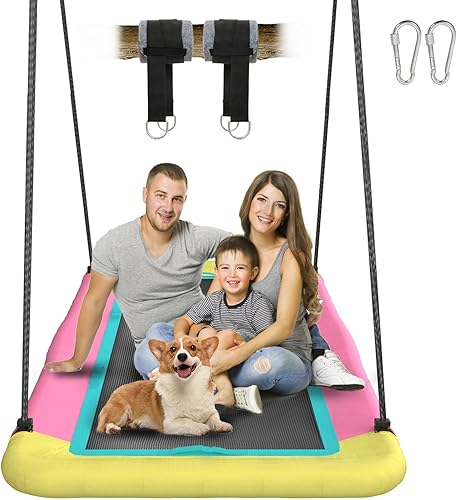 Miniatura 9 de Columpio de árbol de plataforma rectangular de 60 pulgadas para niños y adultos, columpio volador gigante con correa ajustable para colgar, tela de