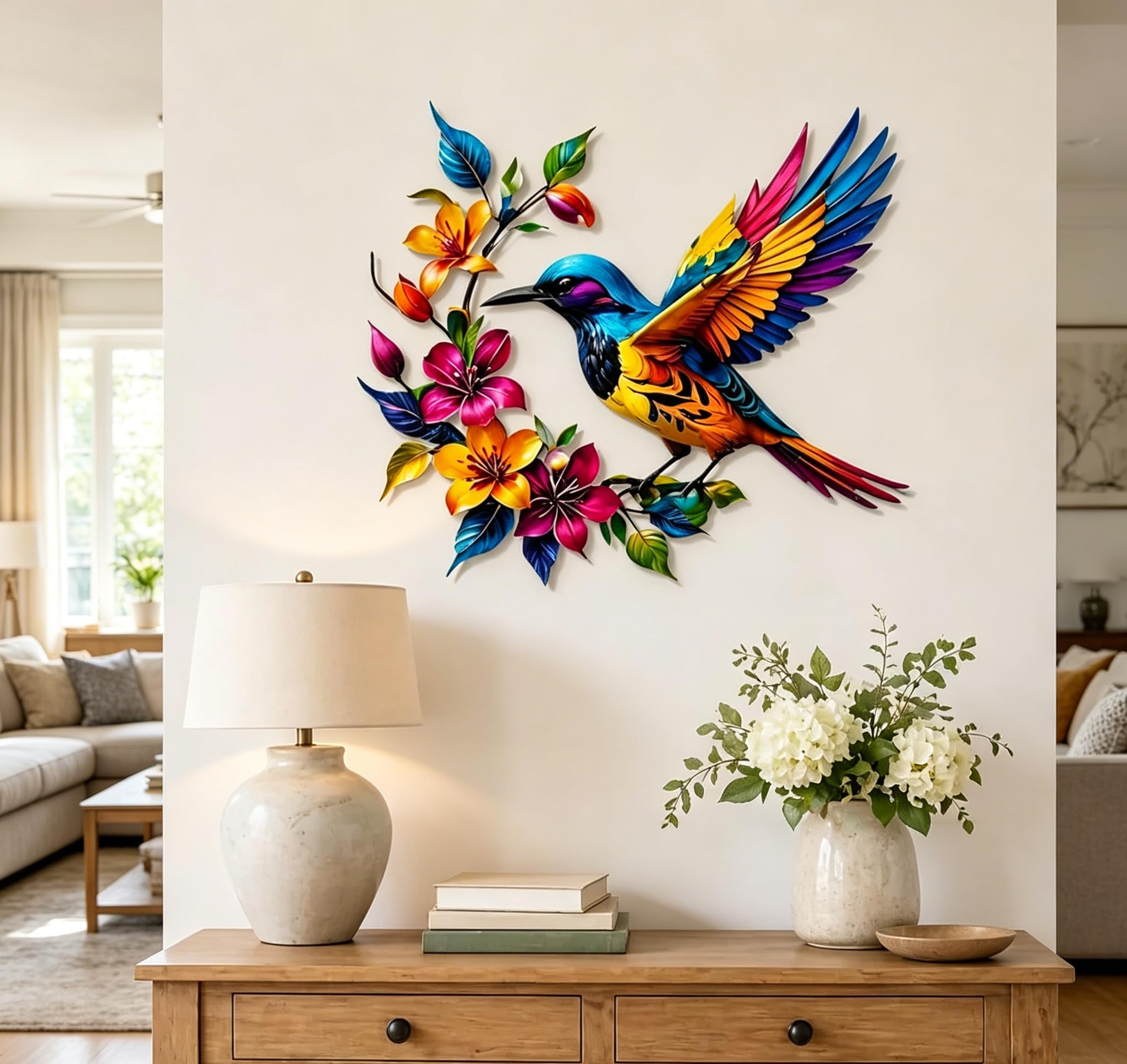 Hummingbird Bloom Metal Wall Art, Colorful Metal Birds Wall Art Decor with Flowers Wall Decal, Handcrafted Nature Rust-Resistant Hanging Sculpture for Garden Patio Fence Wall Decoration