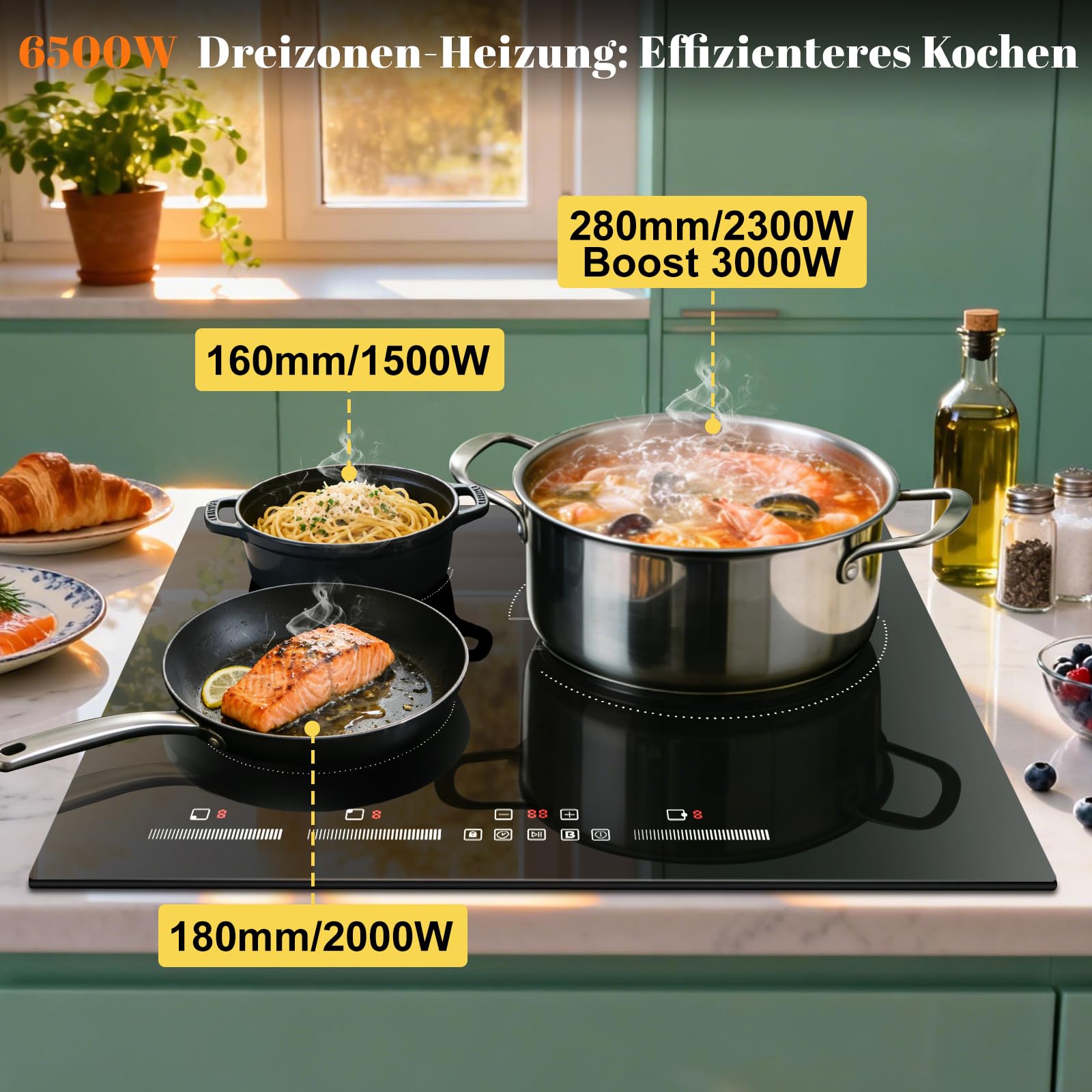 Induktionskochfeld 3 Zonen, 60 cm Einbau, 6500 W, 220-240 V Induktionsherd | 3 Platten, mit Boost-Funktion, 9-stufige Leistungsregelung, Pause, Kindersperre, Timer, Touch-Steuerung