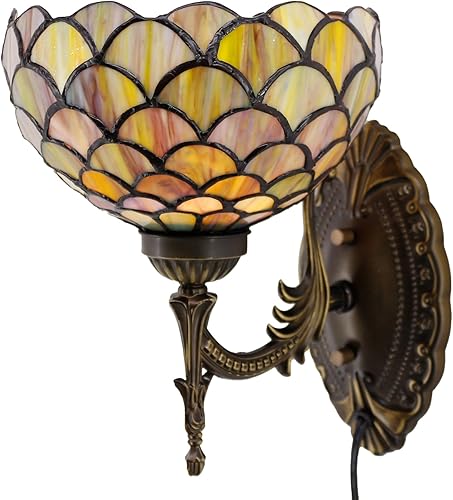 Miniatura 7 de Lámpara de pared Tiffany con aplique, enchufe o cableado, luz de pared con cúpula de vidrio manchado color rojo glicinia de 8 pulgadas, 8X10.5X11