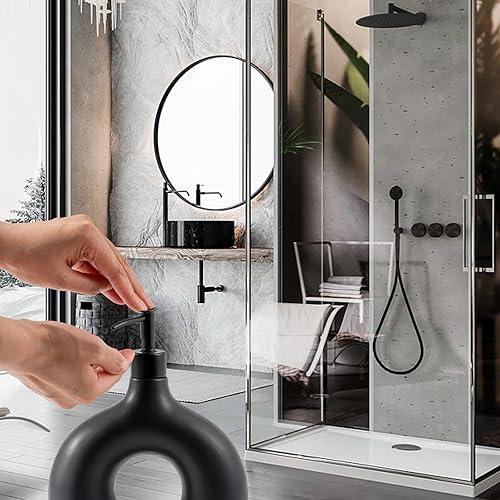 Miniatura 4 de Black Modern Circle - Dispensador de jabón de cerámica circular, dispensador de jabón con bomba hueca circular nórdica, botella de champú recargable