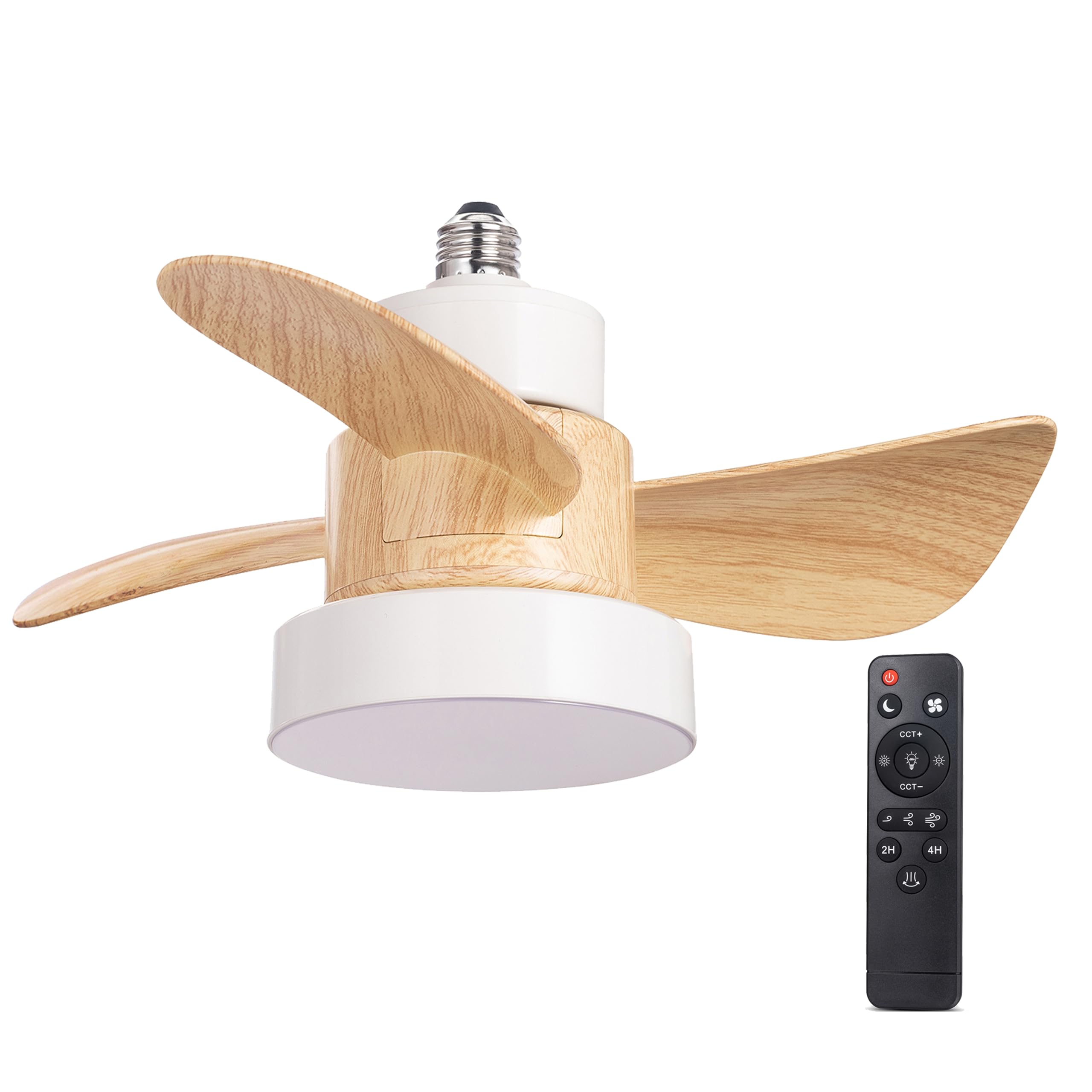 wonderlamp Ventilador Bombilla LED Debu Blanco+Madera rosca E27 CCT 3000-4000-6000K Dim, Intensidad Regulable 15W, Silencioso