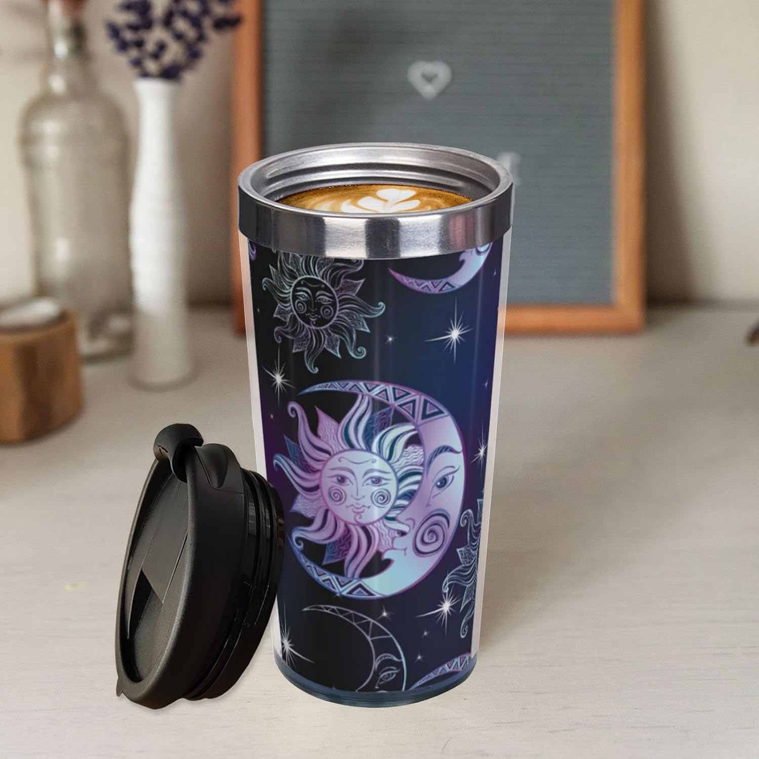 Sun Moon and Stars Travel Coffee Mug 13 Oz, Funny Goth Stainless Steel Insulated Tumbler Cup with Lid, Novelty Mother's Day, Birthday & Christmas Gift for Men, Women, Friend, Sister, Bestie
