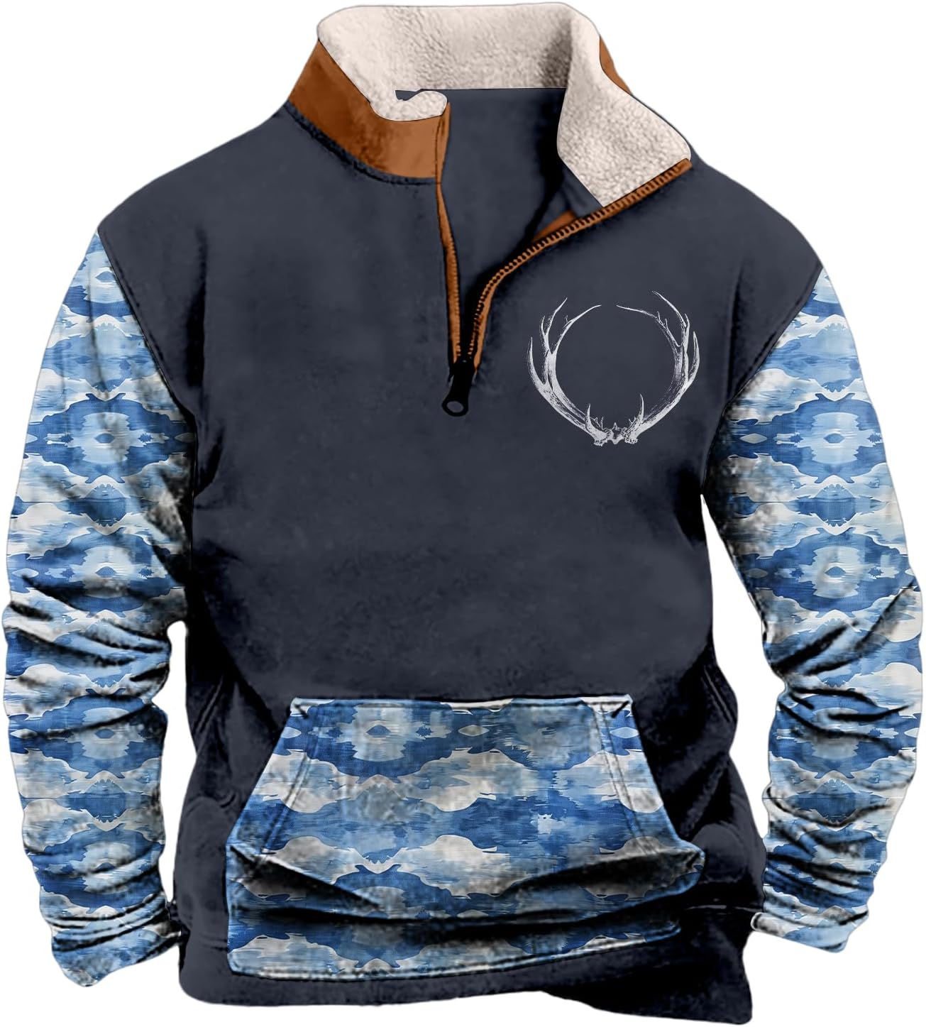 Mens Aztec Cowboy Western Quarter Zip Pullover Long Sleeve Sweatshirt Oversized Crewneck Hoodie