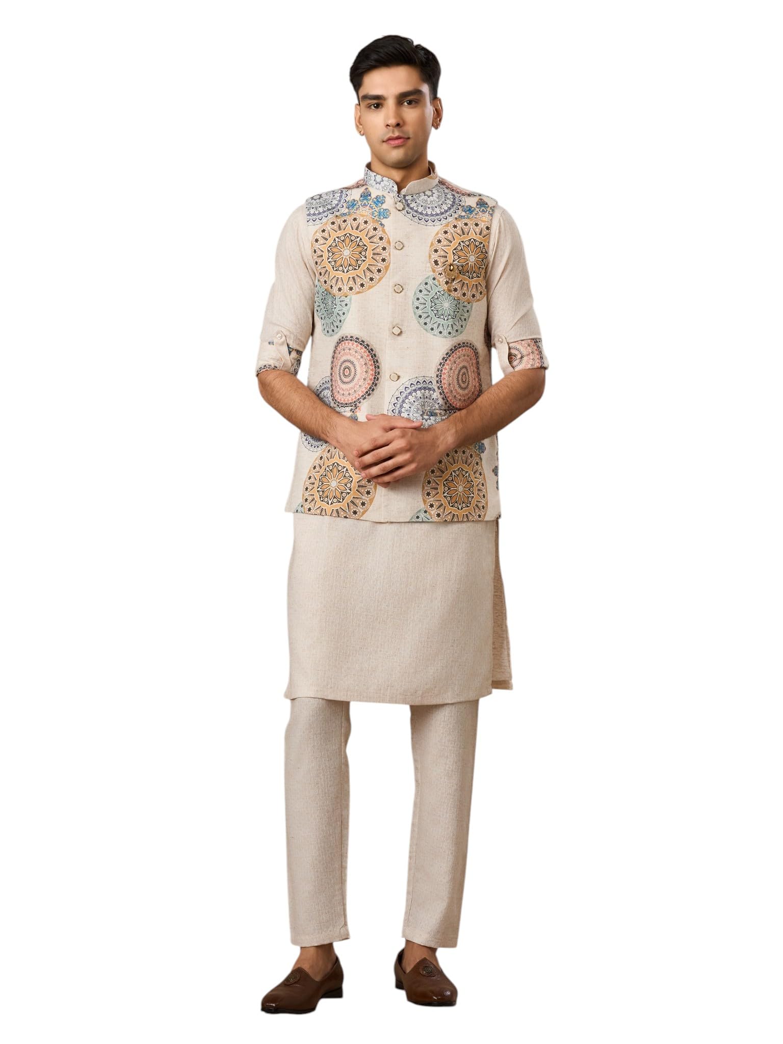 manyavar Men's Blended Cotton Printed Traditional Kurta Jacket Set (3pcs)-picture-36