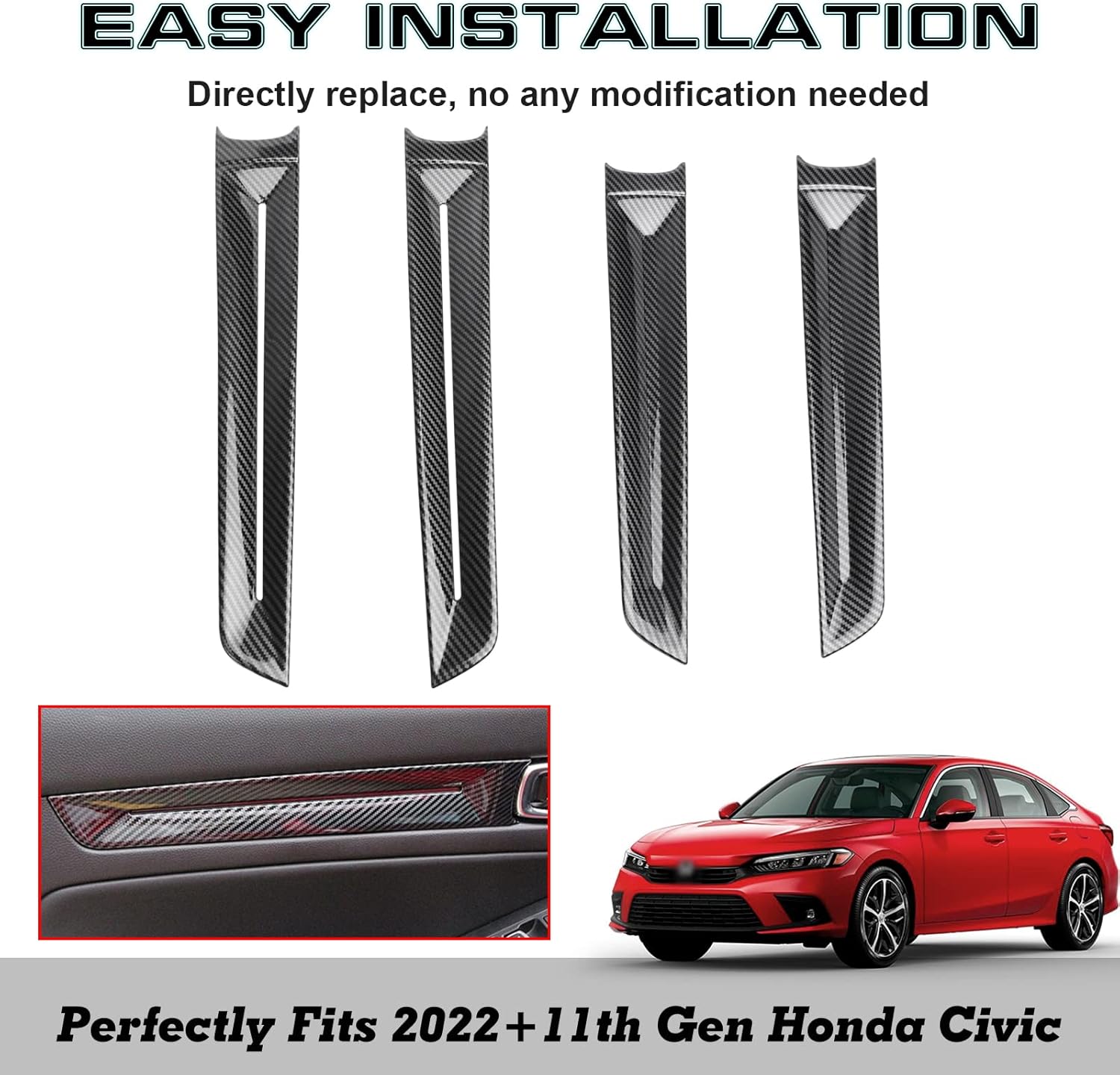 x xotic tech Interior Side Door Panel Strip Cover Trim, Carbon Fiber Pattern, Compatible with Honda Civic 11th Gen 2022 2023 2024 2025 2026