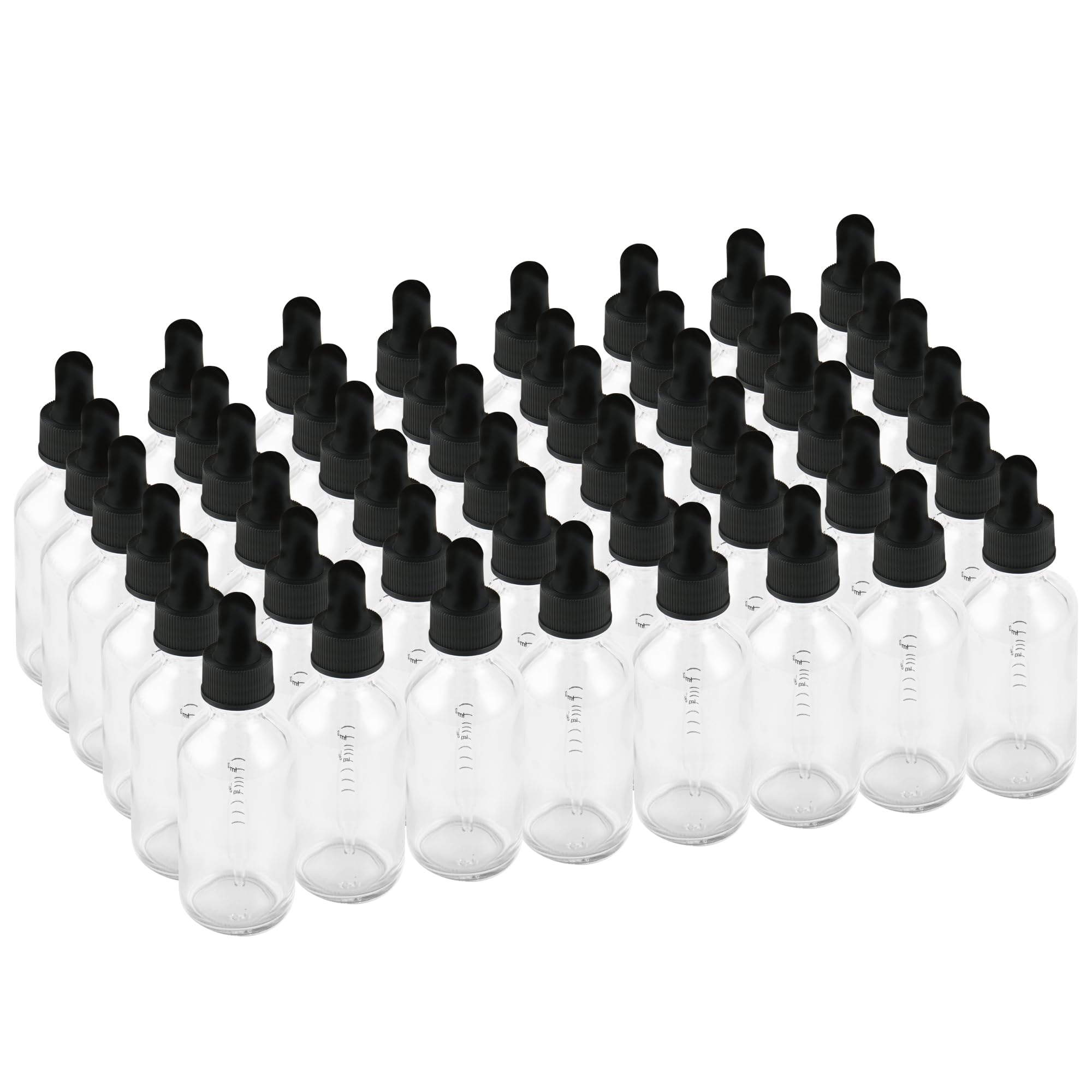 BILLIONSTARS Lot de 48 bouteilles rondes Boston en verre de 60 ml avec pipettes graduées en verre calibré – Transparent – Bouteilles de teinture pour huiles essentielles, liquides – Bouteilles de