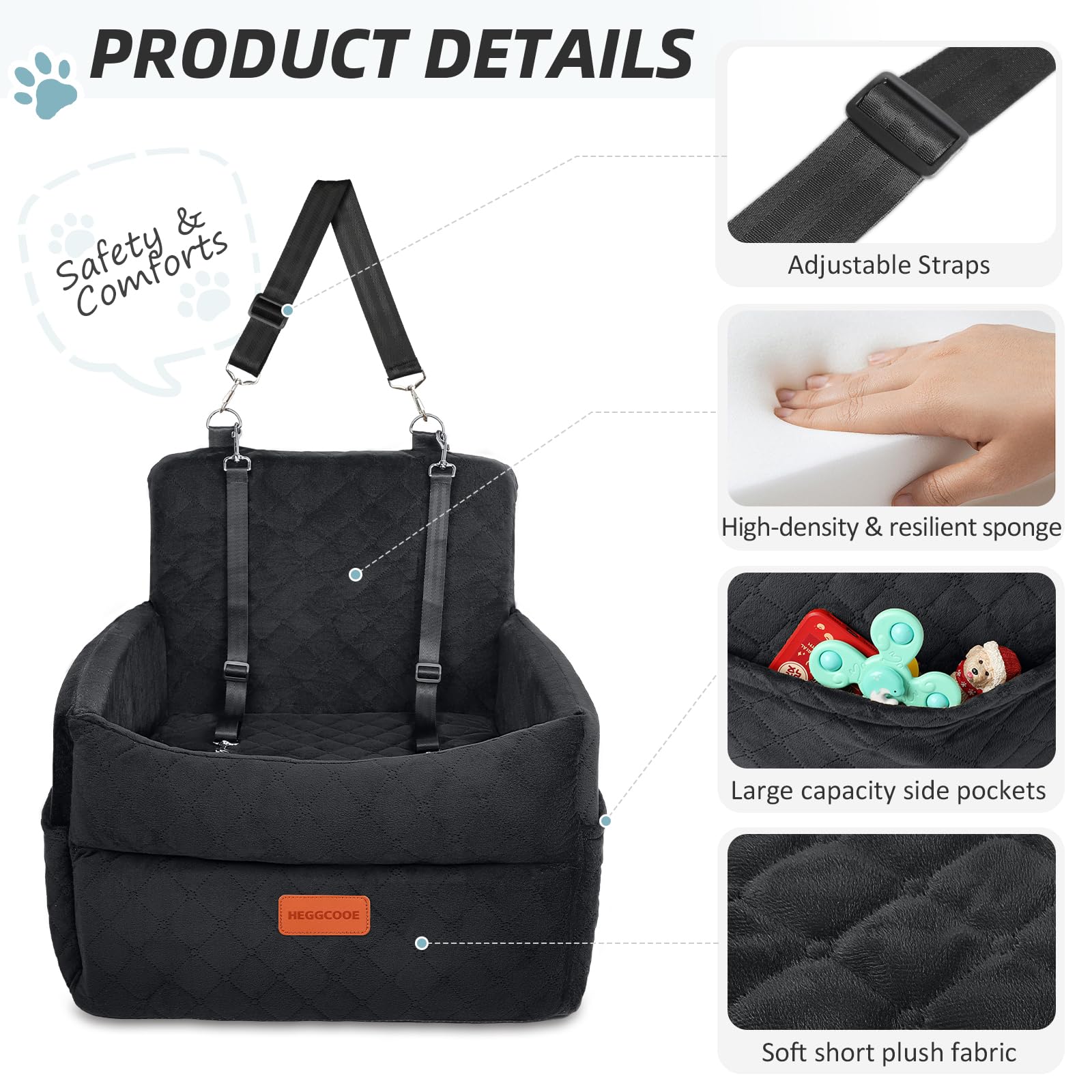 HEGGCOOE Small Dog Car Seat, Memory Foam Dog Booster Seats with Thick Cushion for Medium Dogs Under 35lbs, Detachable Washable Pet Car Seat with Storage Pockets,2 Safety Belts - 4