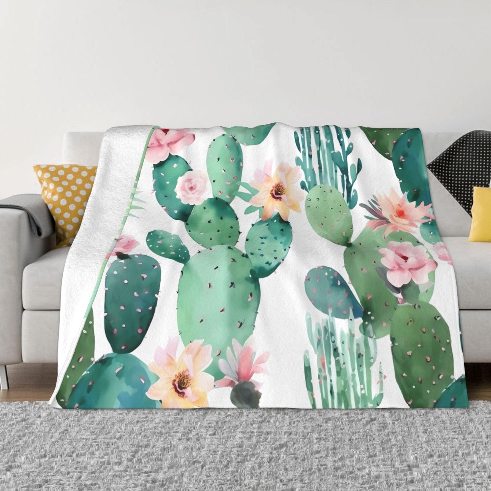 KLOPH Cactus Pattern Throw Blanket 60"x50" Flannel Fluffy Warm Blanket for Couch, Reversible Plush Blankets for Bed, Comfy Fuzzy Blanket for Sofa, Plush Lightweight-Blankets for All Season