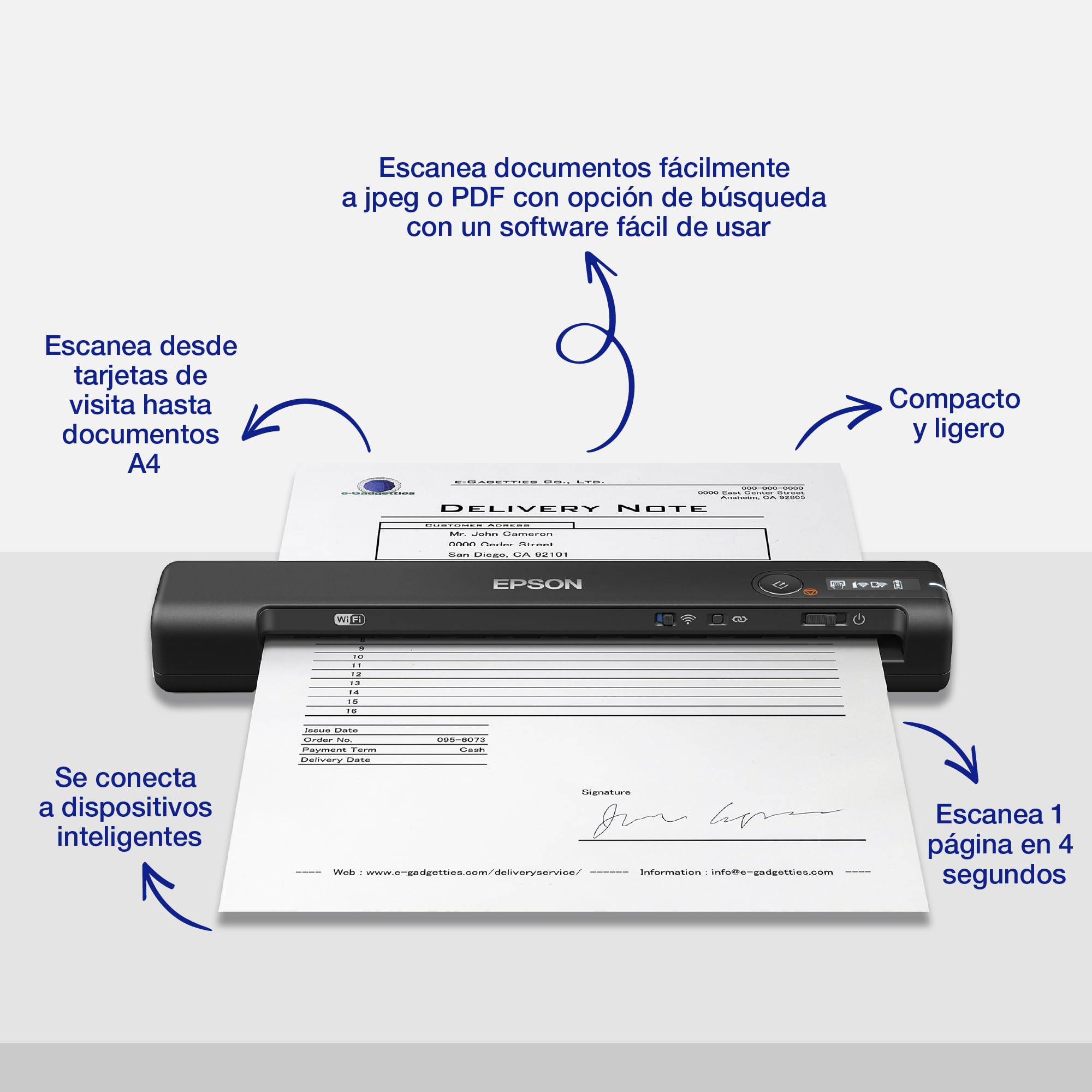 Epson Workforce ES-60W Escáner Portátil Inalámbrico WiFi USB
