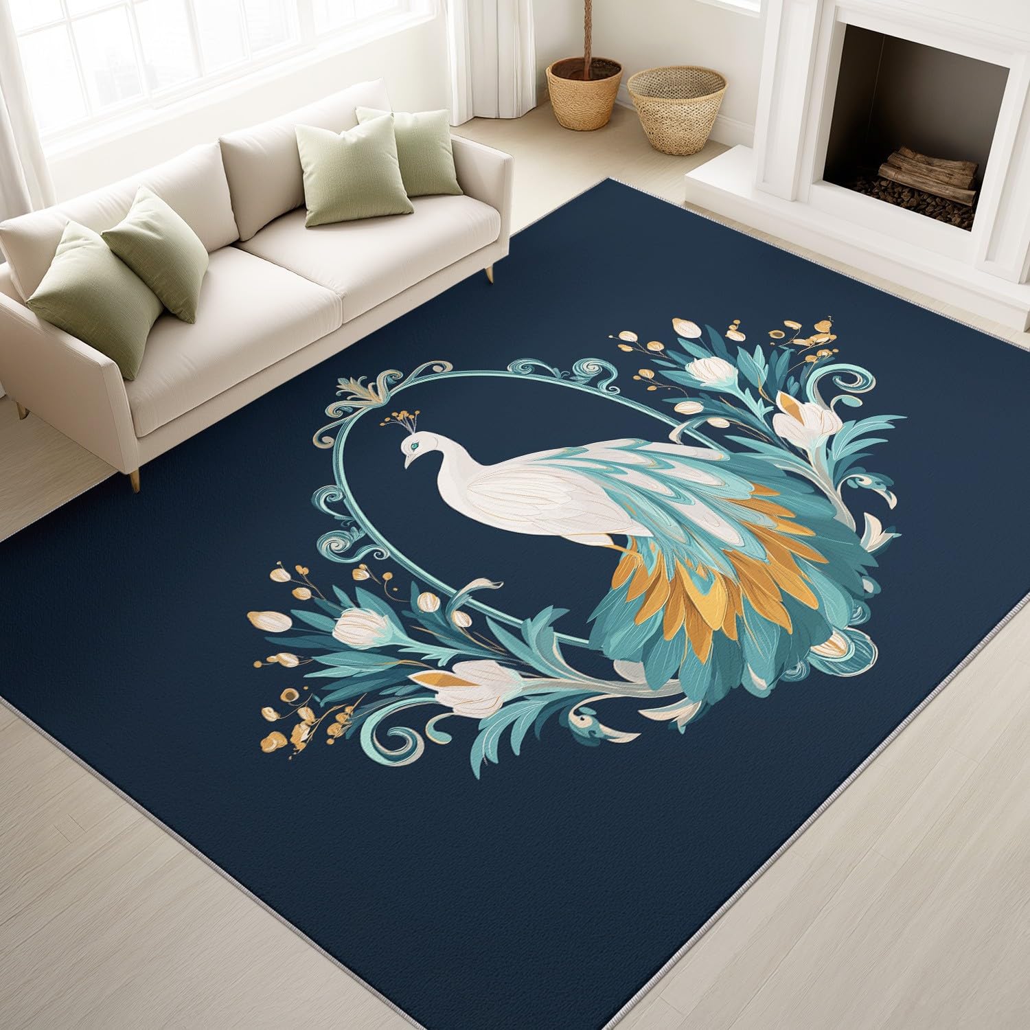 Tapis lavable 180x270 cm noir avec illustration paon élégant pour chambre