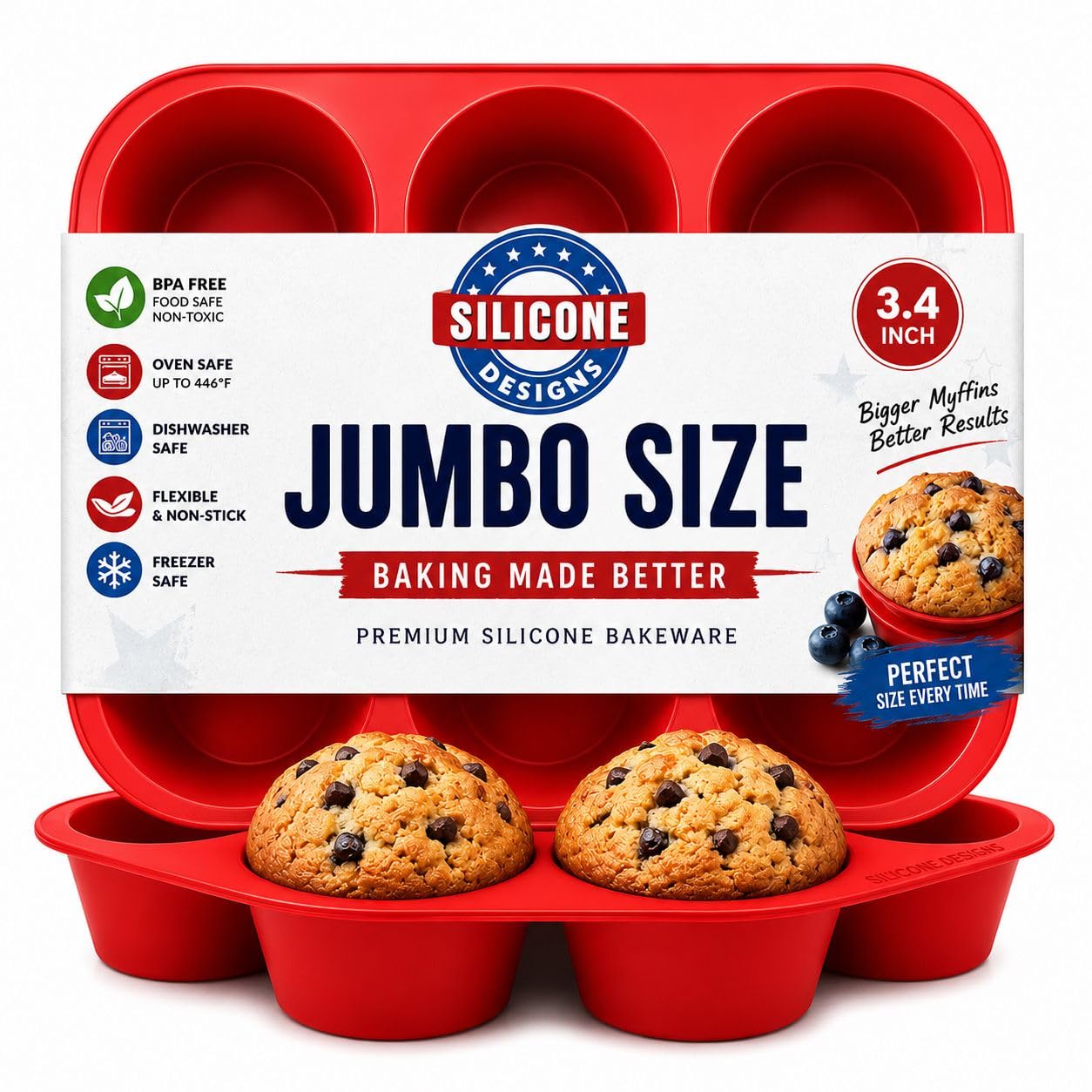 Texas - molde de Silicona para magdalenas, muffin y cupcakes, para 6 magdalenas grandes, uso comercial, con libro electrónico de recetas (idioma español no garantizado)