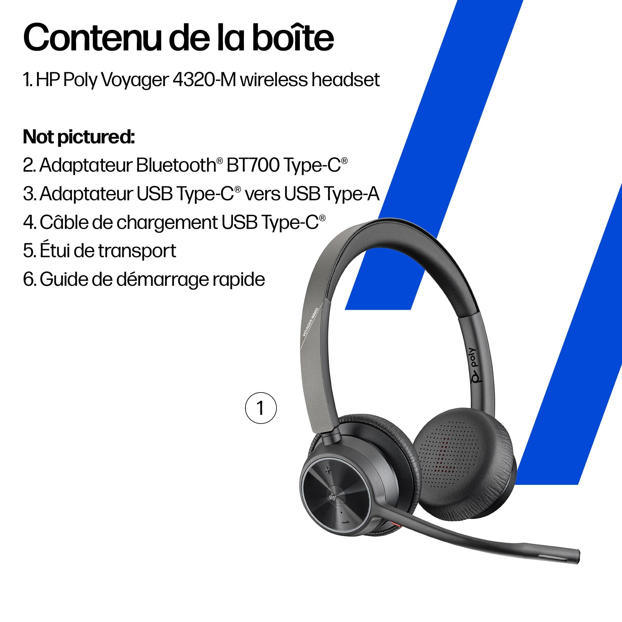 Micro-casque sans fil Poly Voyager 4320 UC - Micro-casques binauraux avec perche microphone antibruit - Connexion à un PC/Mac/Téléphone portable via Bluetooth - Fonctionne avec Teams (certifié), Zoom