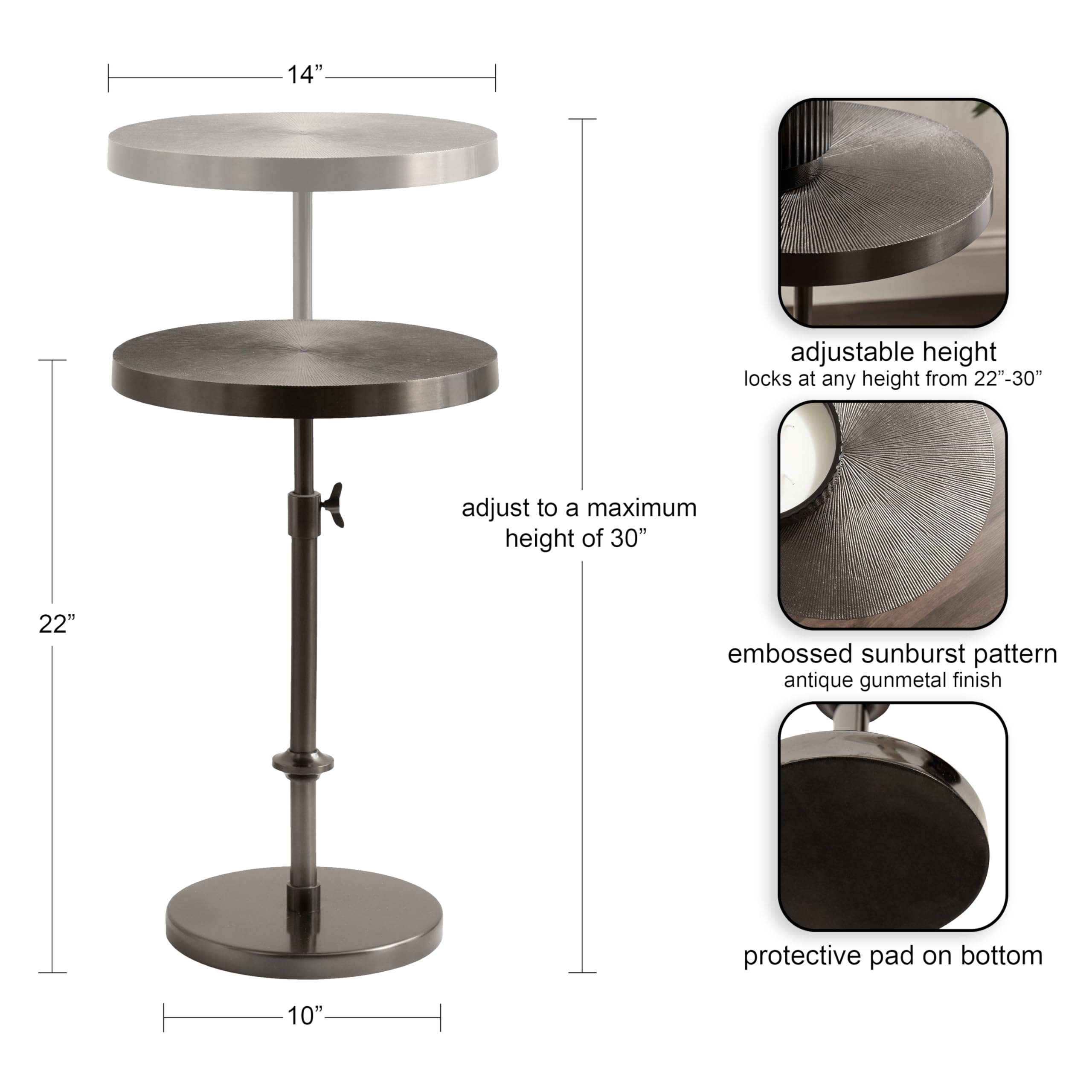 Kate and Laurel Engles Traditional Adjustable-Height Pedestal Side Table, 14 x 14 x 30, Metallic Black, Vintage Round Indoor Metal Plant Stand with Embossed Pattern for Use as Bedroom Nightstand