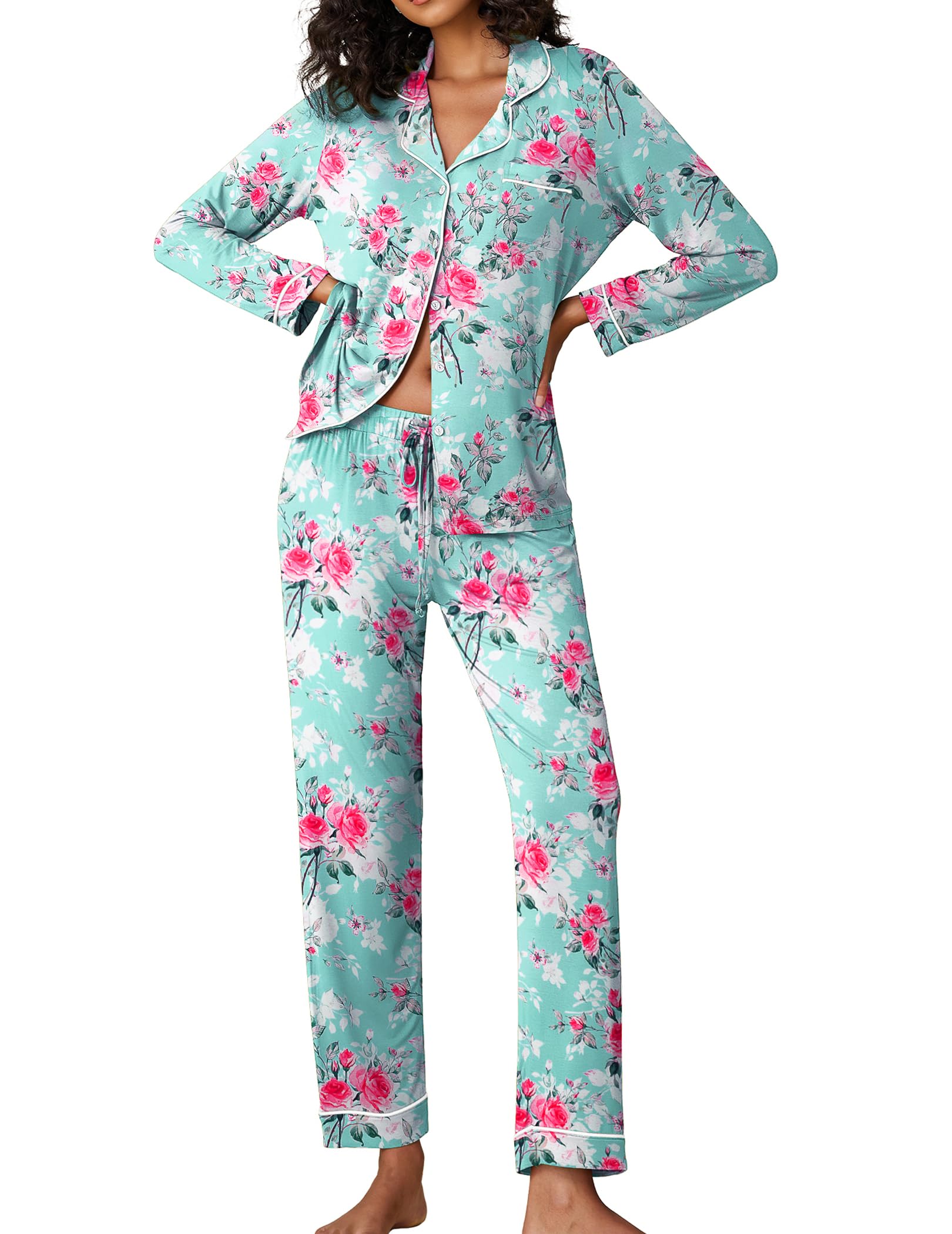 Ekouaer Pajamas Women's Long Sleeve Sleepwear Soft Button Down Loungewear Pjs Lounge Set Nightwear XS-XXL: Small Floral Light Green