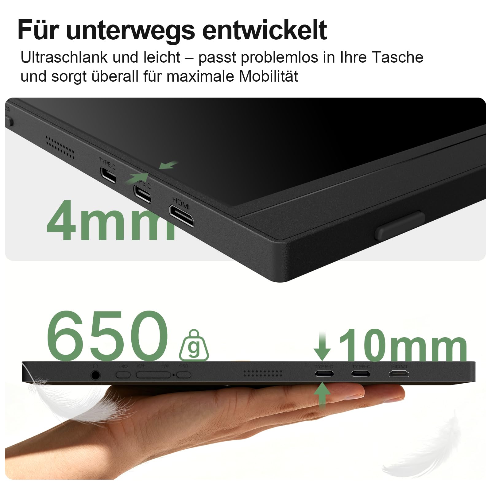 Portable Monitor 15,6 Zoll FHD Tragbarer Monitore Mobiler Bildschirm | IPS HDR mit Lautsprecher USB-C HDMI Einer Stütze für PC Phone Mac Laptop Erweiterung Externer Screen für Arbeit Reisen Gaming