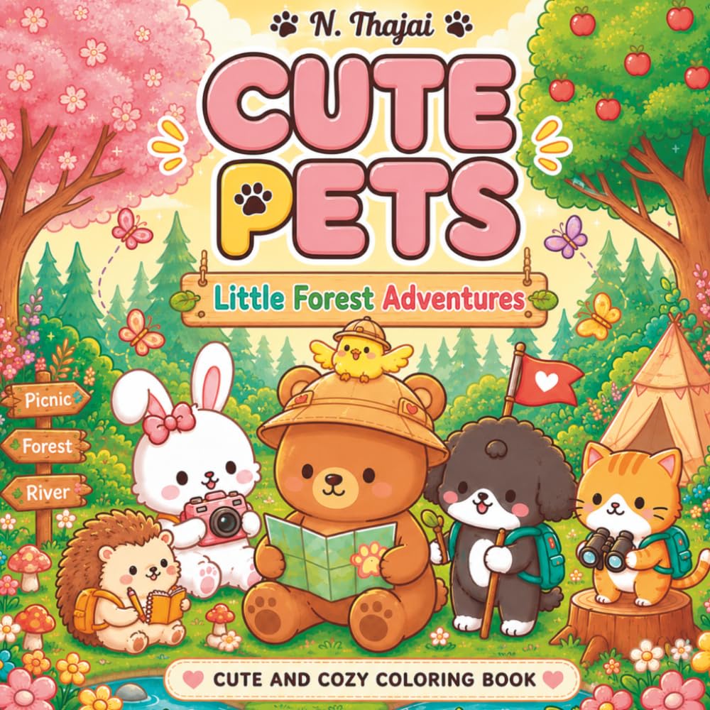 Cute Pets: Little Forest Adventures: A Cute and Cozy Coloring Book Featuring 6 Adorable Animal Friends, Woodland Adventures, and Relaxing Kawaii Scenes