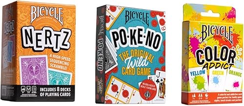 Bicycle Paquete de juegos - Nertz, Pokeno, Color Addict - 3 juegos de cartas familiares de ritmo rápido para niños y adultos