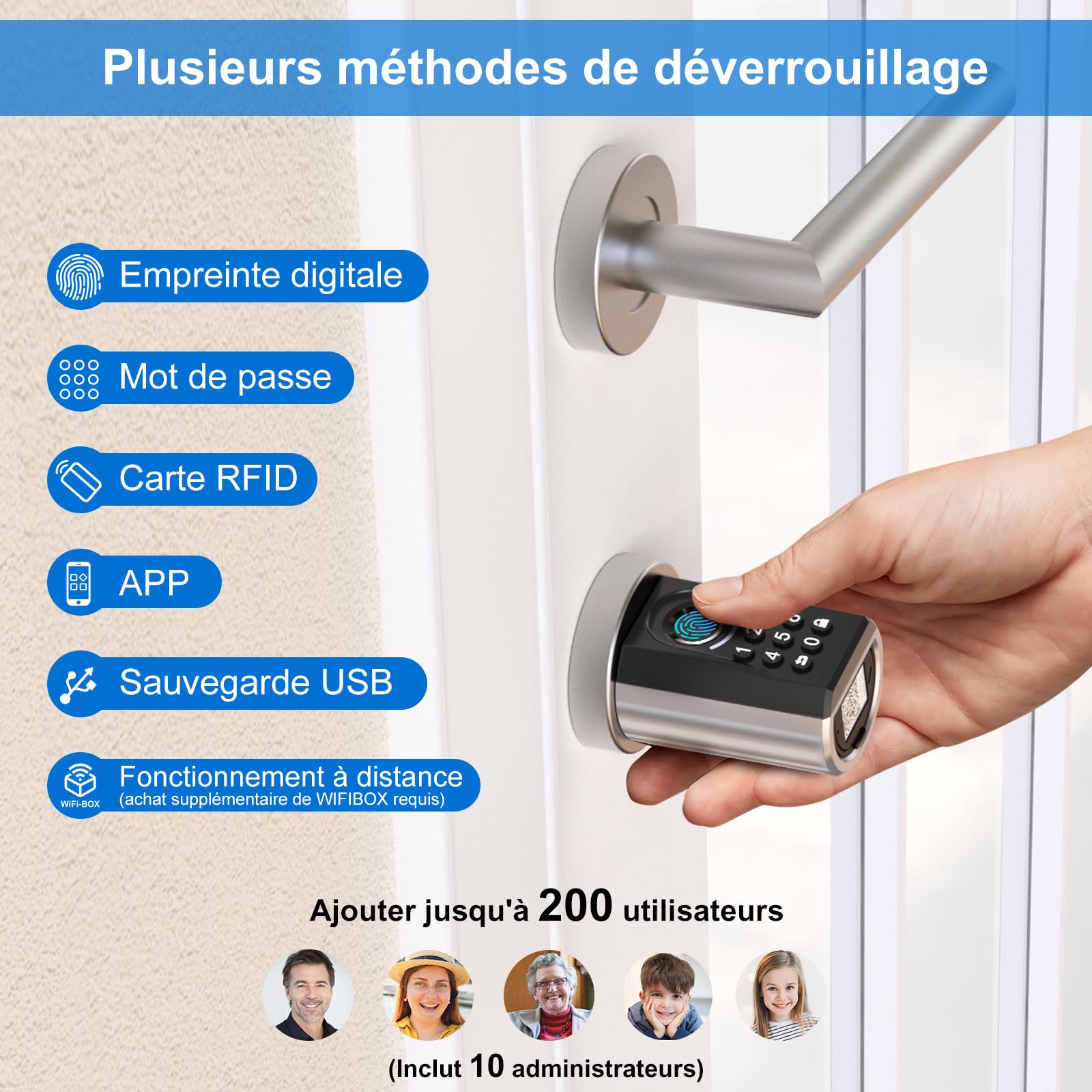 RUILON IP65 Serrure connectée à code et empreinte digitale ToucA51, 30x30 | Serrure biometrique avec 3 Cartes RFID, installation facile, Bluetooth APP Commande, portes 30-70 mm, Maison Chambre Bureau