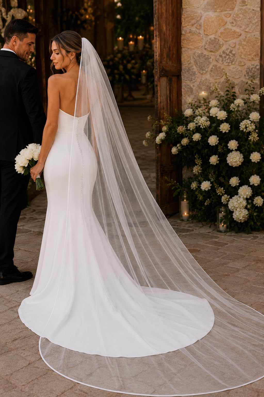 Pet-Jos Satinband Brautschleier Hochzeitsschleier Lange Kathedrale Kapelle Weiß Elfenbein Tüllschleier Eleganter Klassischer Schleier mit Kamm