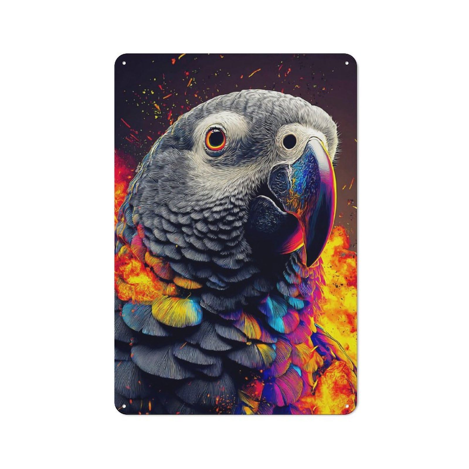 Understated Decorative Metal Sign 30x20cm Featuring Colorful Parrot in Flames, Study Room Decor for Workspace, Cafe, Shop Or Desk Area