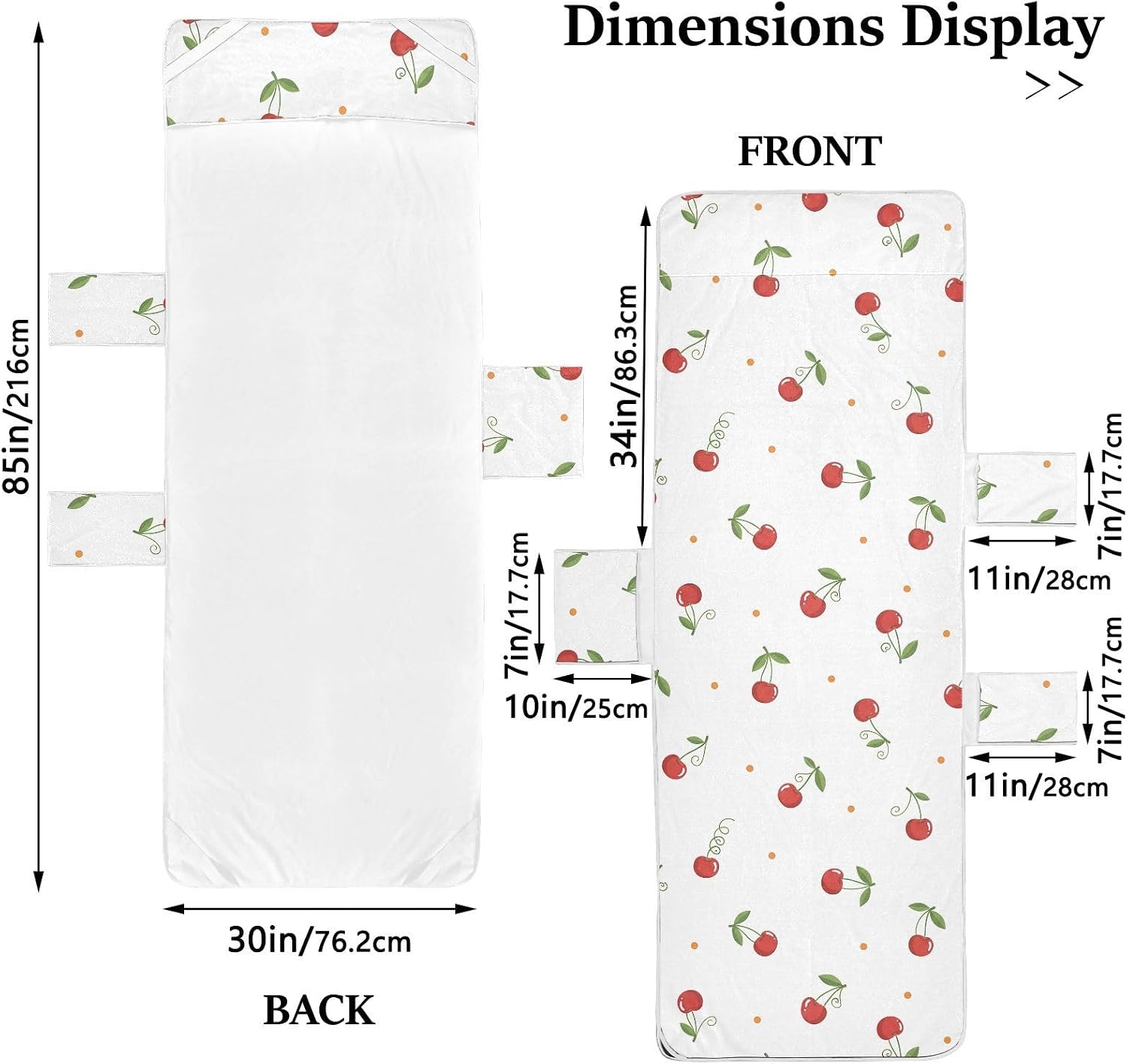 Cute Cherry Lounge Chair Towel Cover with Side Pockets – 85x30in Foldable Chaise Cover for Beach, Pool, Patio, Spa