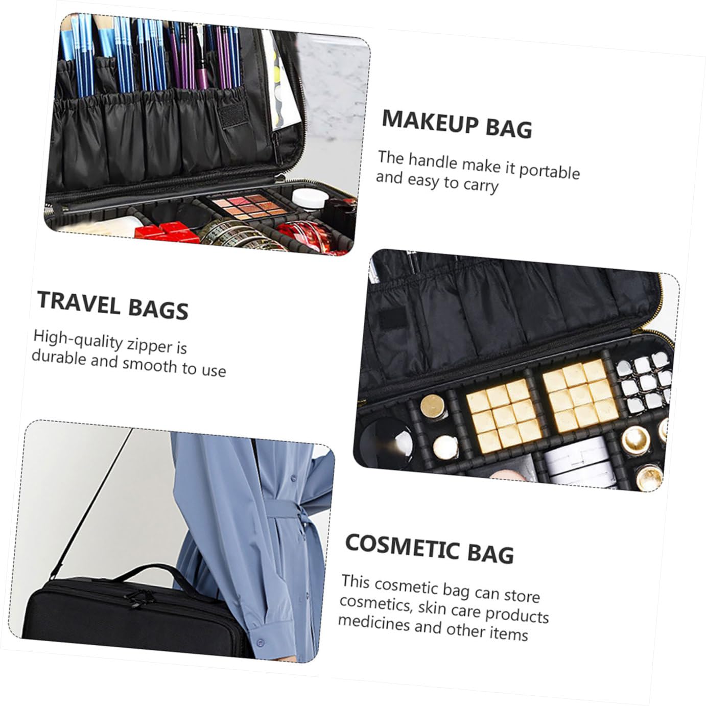 GALPADA Borsa Per Cosmetici Da Viaggio Nera Piccolo 34x24x11 Cm Divisori Tessuto Oxford Portatile Per Trucco e Accessori Donna Su Trolley Per Hotel e Affari