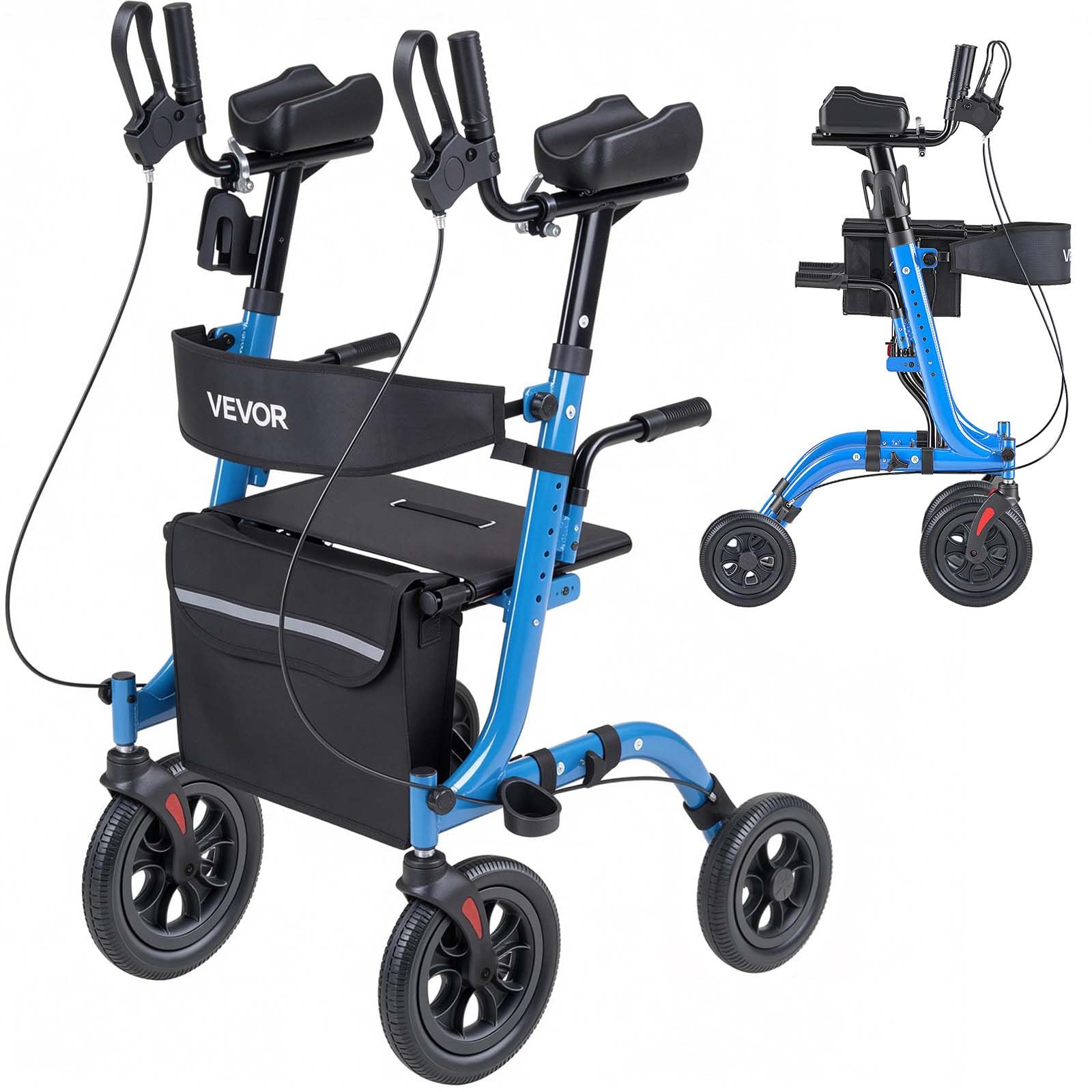 VEVOR Deambulatore con Sedile Supporto Massimo 136 kg per Anziani, Ausilio Pieghevole Leggero in Alluminio con Ruote in PU Maniglia Regolabile Borsa Portaoggetti e Porta Bastone, per Sostegno Disabili
