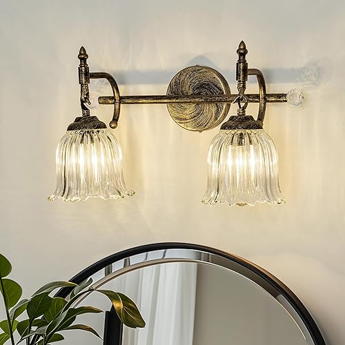 Miniatura 12 de CVKASH Lámparas de tocador de baño de 2 luces sobre el espejo, lámpara de tocador moderna de oro cepillado con pantalla de vidrio, aplique de pared