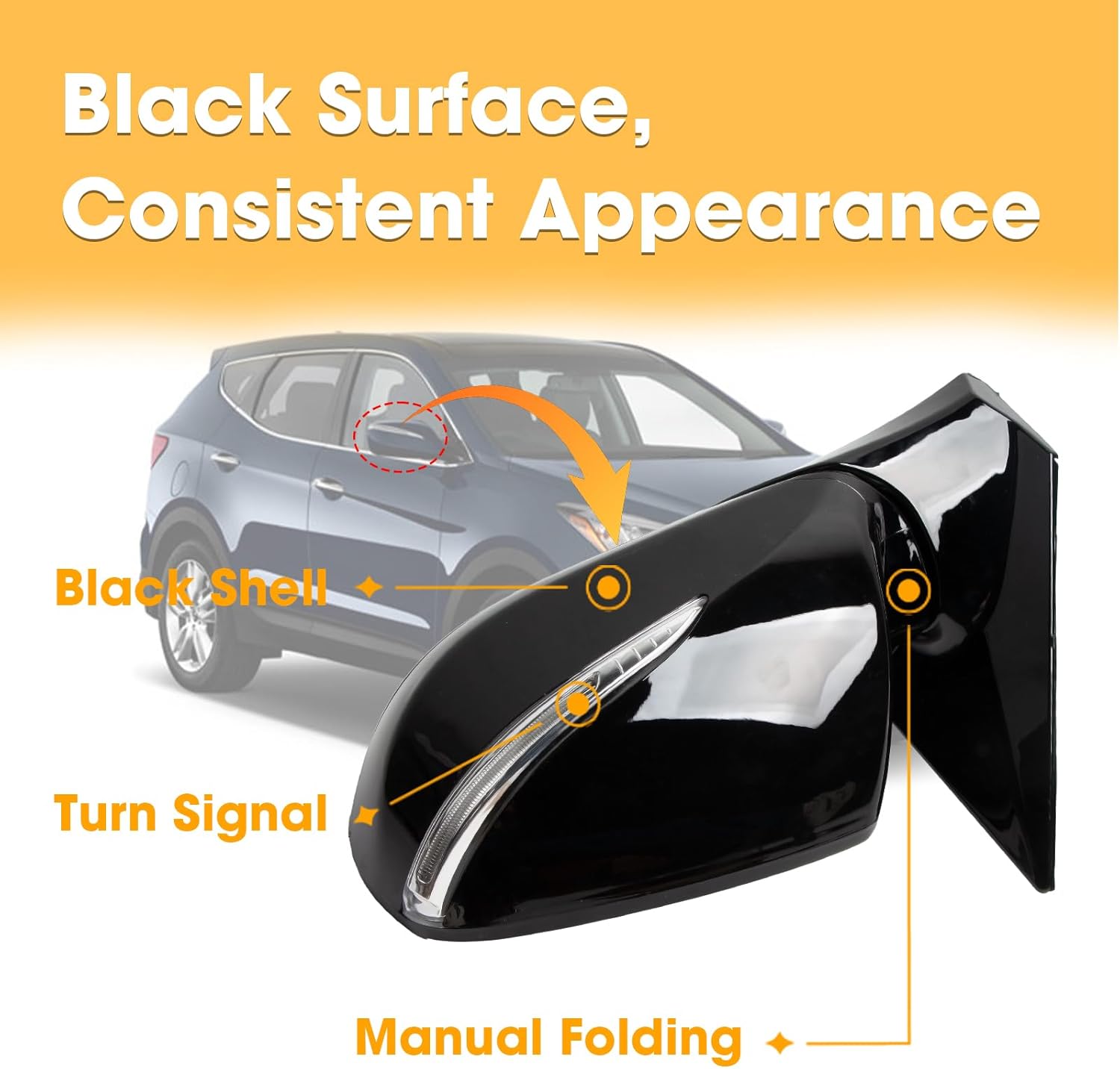 Passenger Side Heated Mirror Assembly Fit for Hyundai Santa Fe Sport 2013-2018 Replace 876204Z005 HY1321201, Right Exterior Rearview Mirror & Heated Power Glass Turn Signal Manual Folding, Black 6 Pin