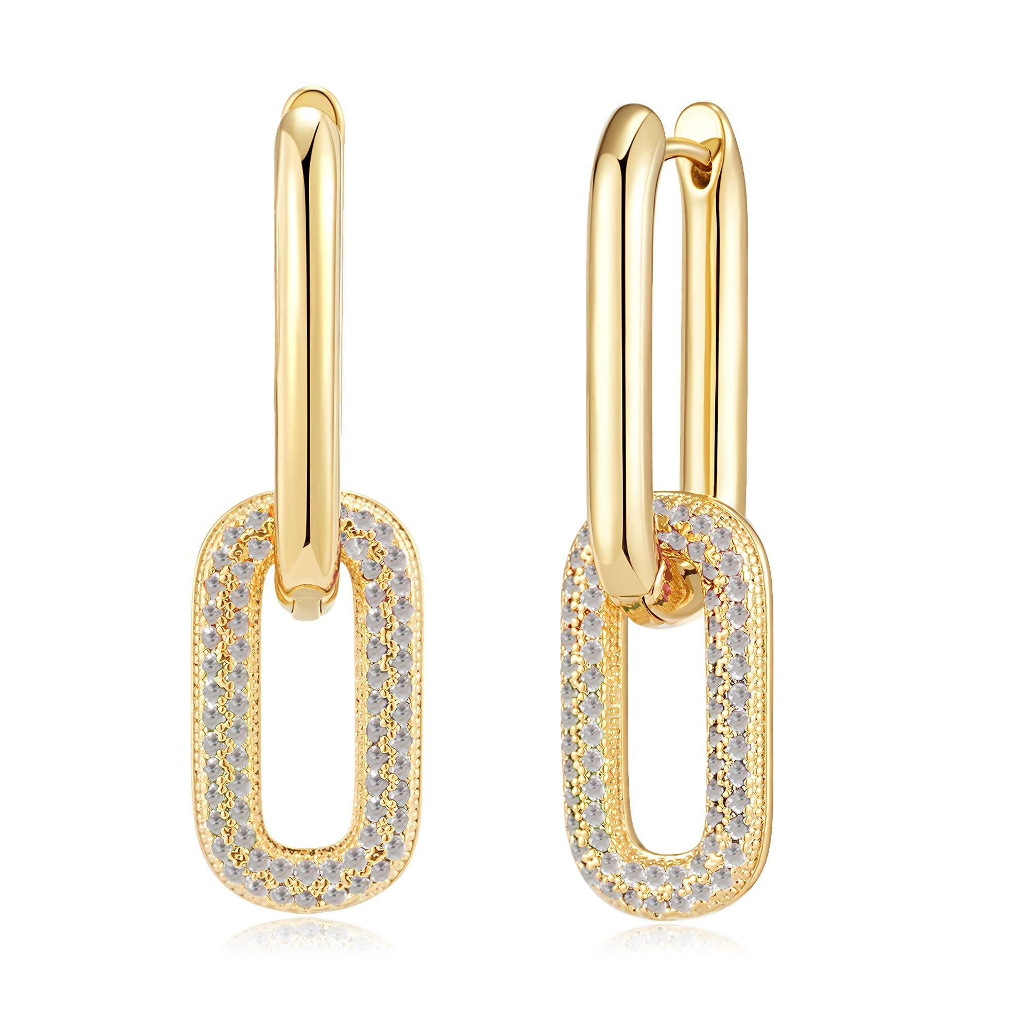 Austrian Crystals Paperclip Drop Earrings for Women 14K Gold Plated Double Huggie Dangle Earrings Hypoallergenic Sparkly Jewelry